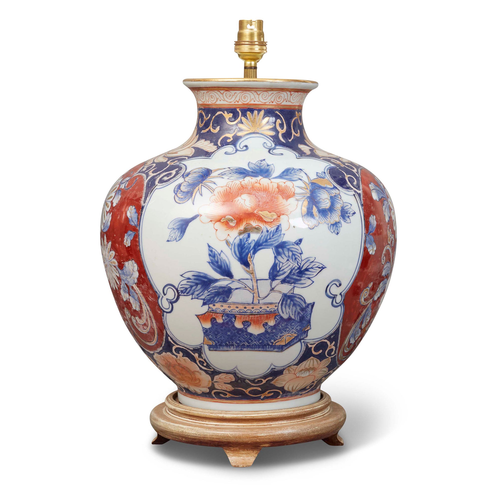 An Imari bulbous vase with peony decoration, converted to a table lamps, electrified with brown silk flex