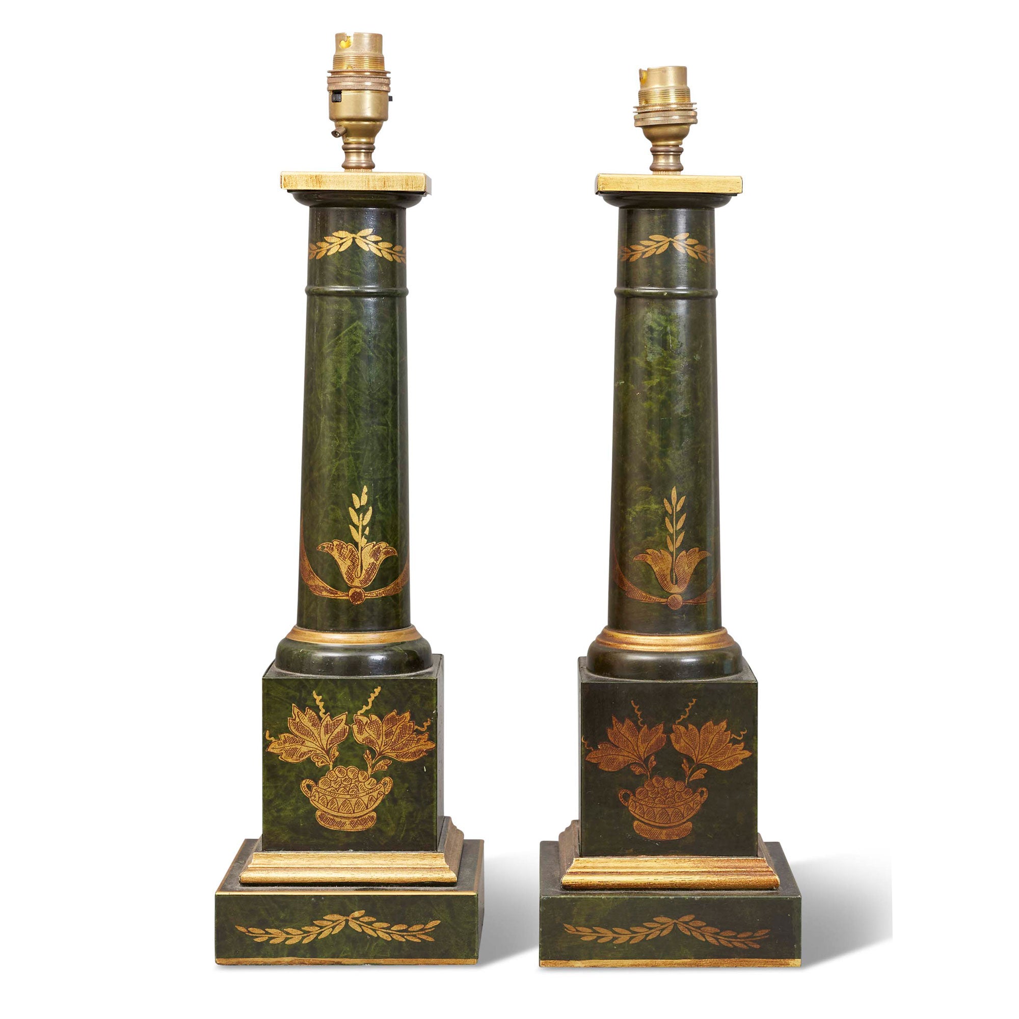 A pair of mid 20th century tole table lamps with gilt decoration and over scumble green base