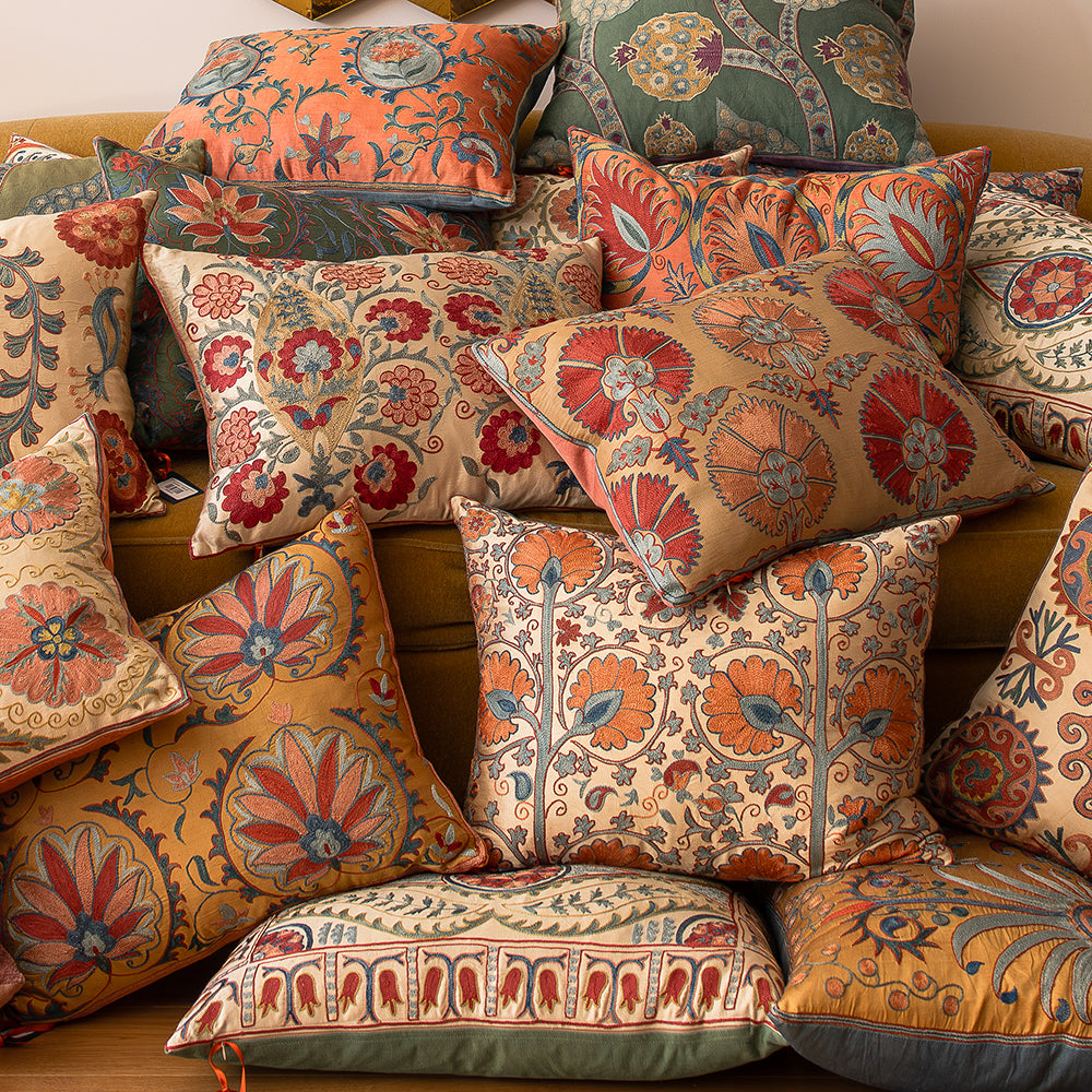 Rectangular silk suzani embroidered cushion- pillow with double carnation design