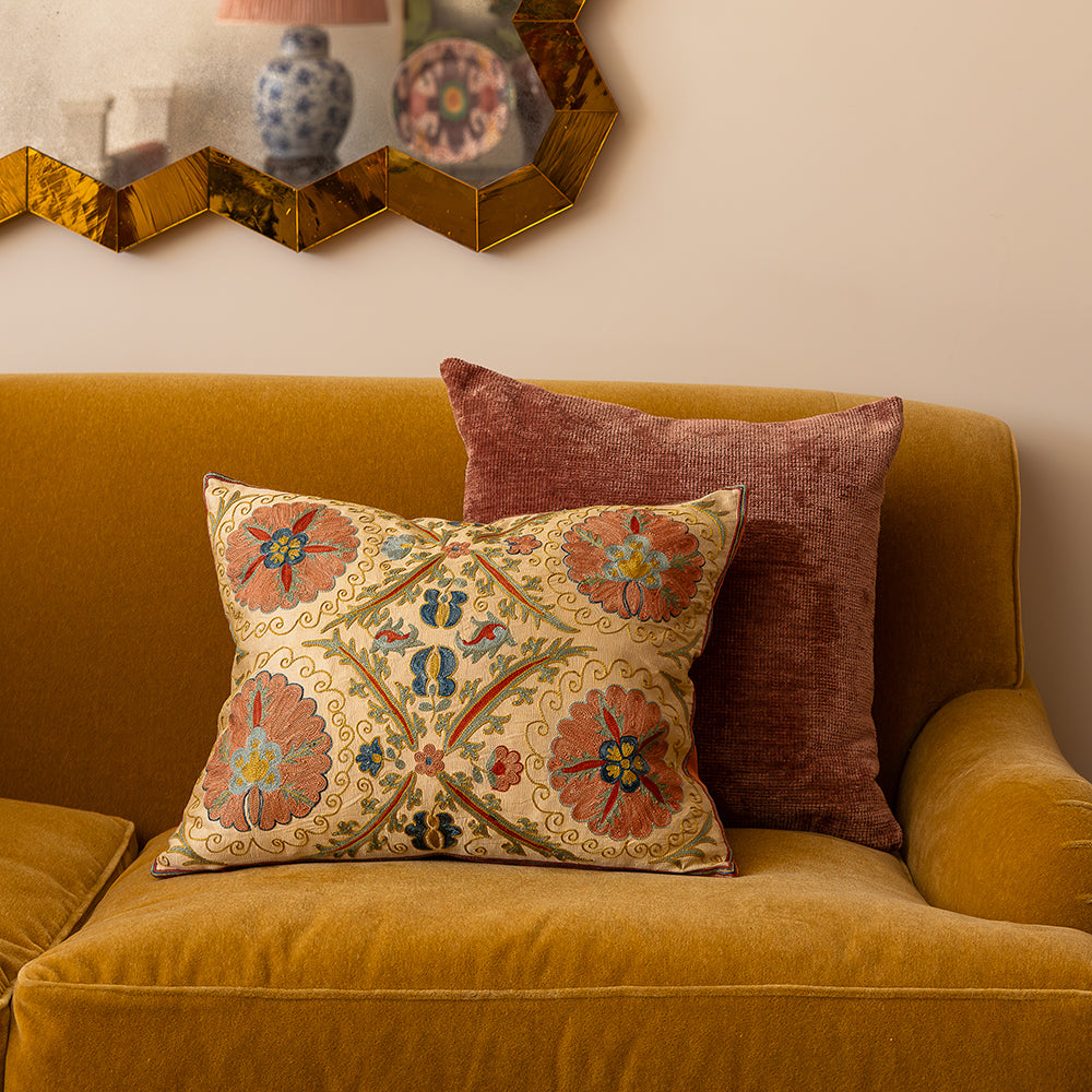 Rectangular silk suzani embroidered cushion with trellis floral design and border
