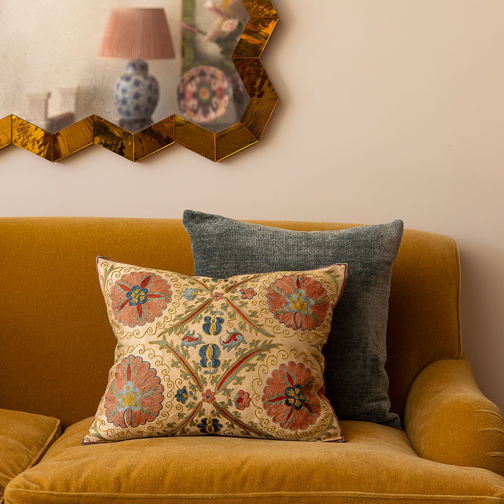 Rectangular silk suzani embroidered cushion with trellis floral design and border