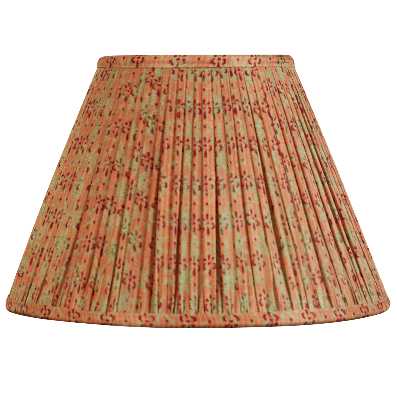 10 inch French drum trailing green floral design on salmon pink ground silk sari lampshade