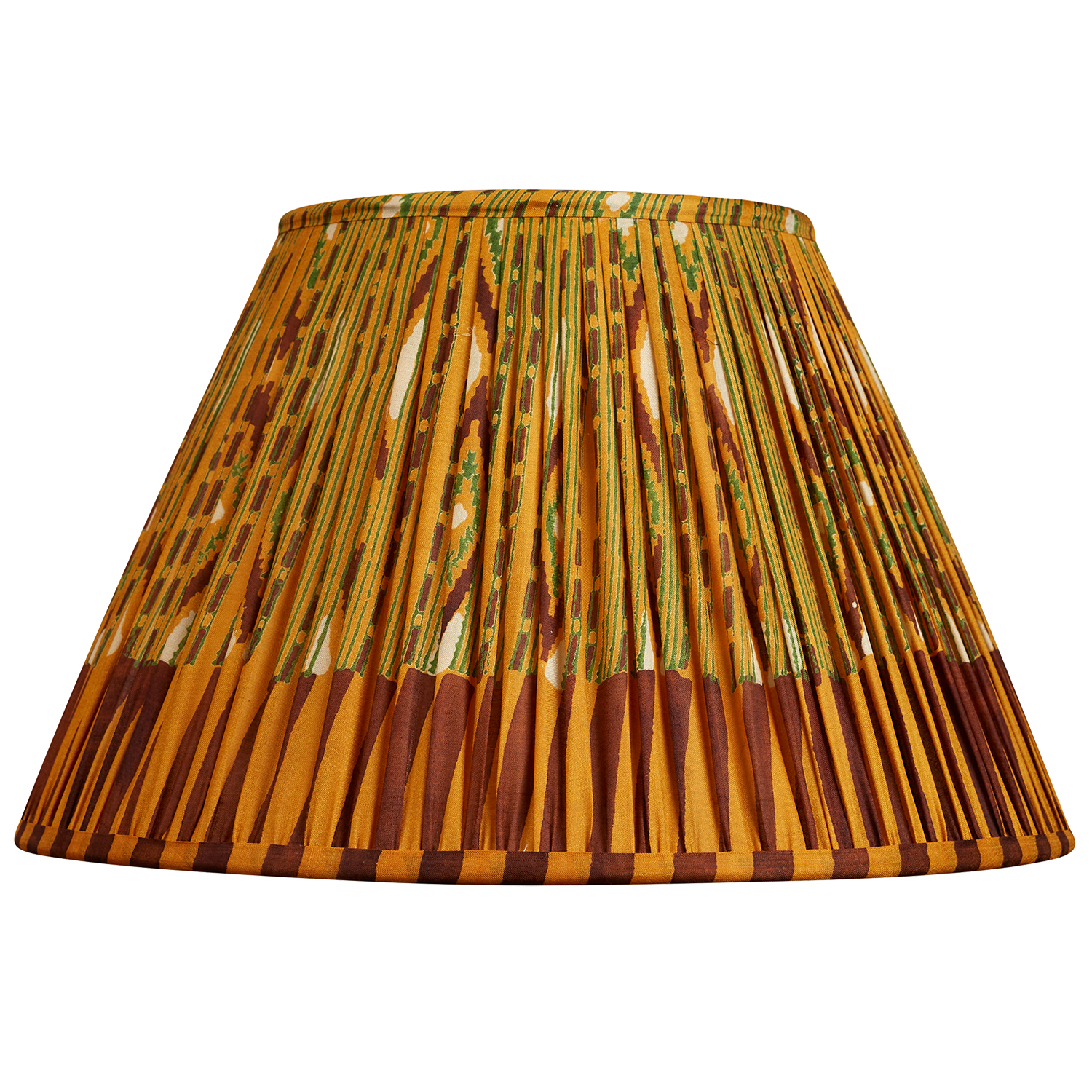 14 inch French drum Saffron and chocolate geometric design silk sari lampshade with border