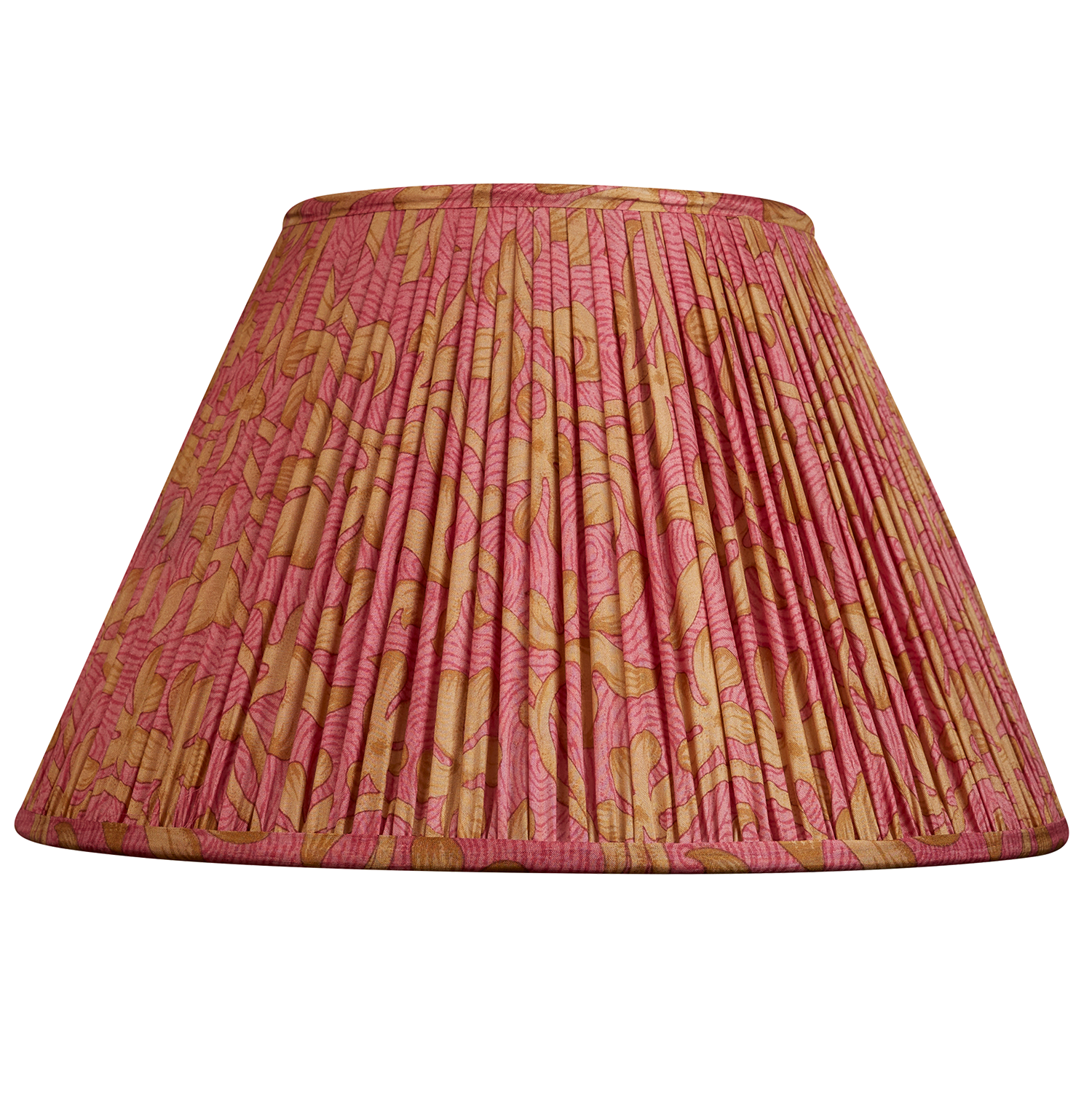 14 inch French drum Pink floral with camel/tan leaf silk sari lampshade