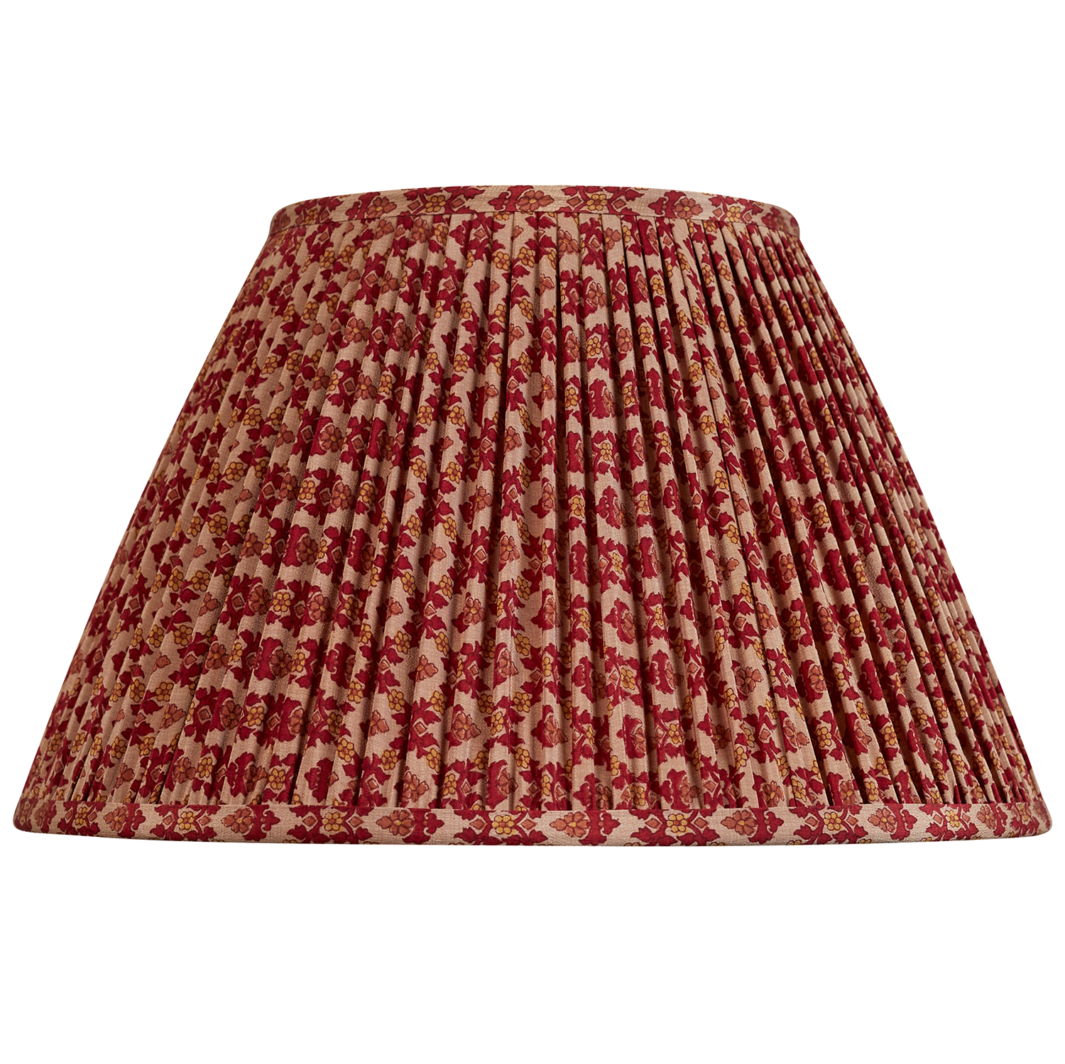14 inch Deep red floral design on mushroom ground French drum silk sari lampshade