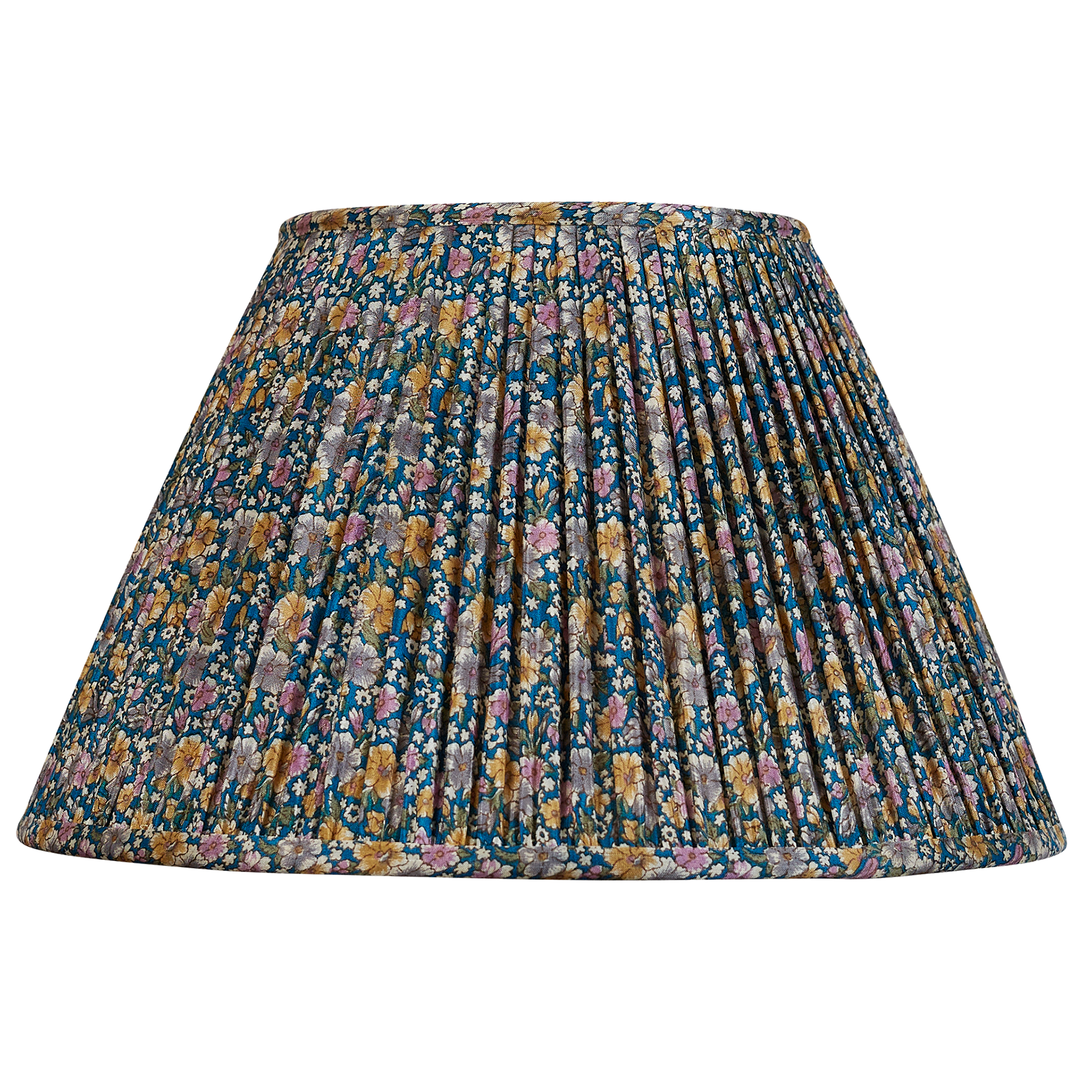 14 inch French drum caramel and pink floral design on blue ground silk sari lampshade