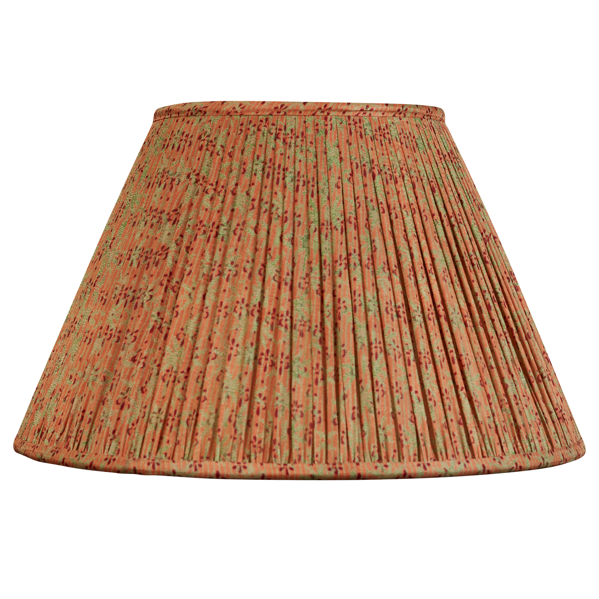 14 inch French drum trailing green floral design on salmon pink ground silk sari lampshade