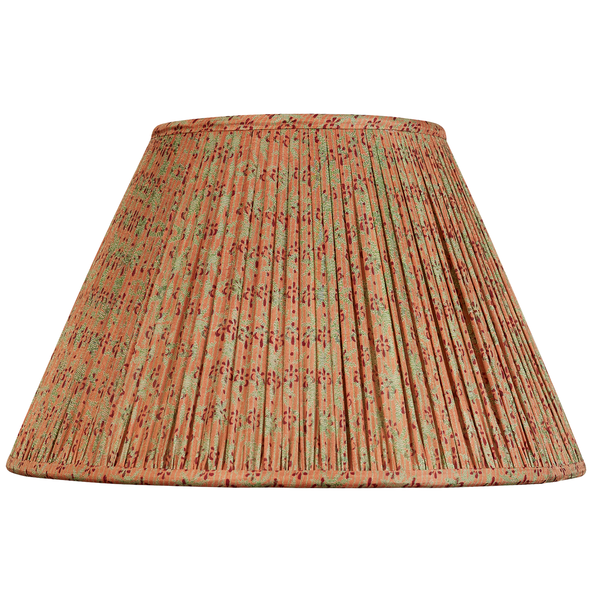 14 inch French drum trailing green floral design on salmon pink ground silk sari lampshade