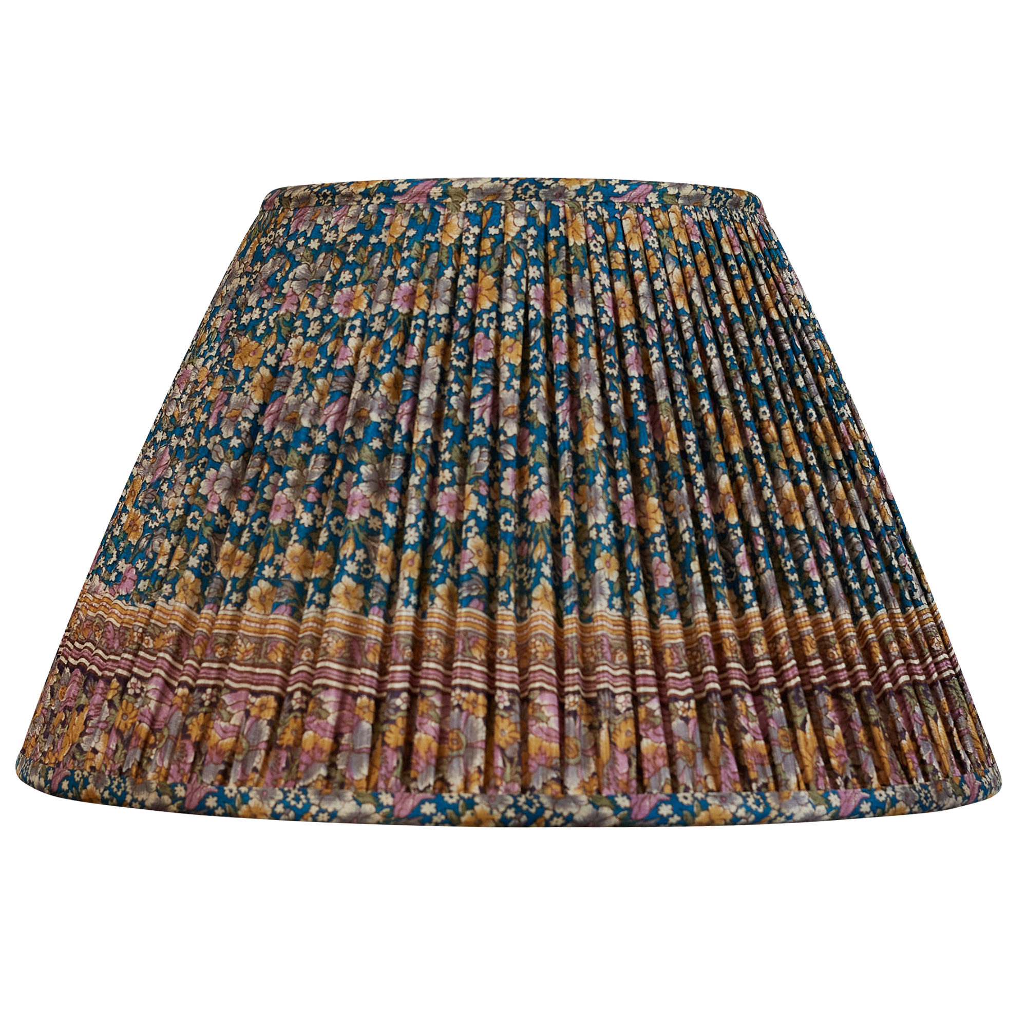 14 inch French drum caramel and pink floral design on blue ground silk sari lampshade