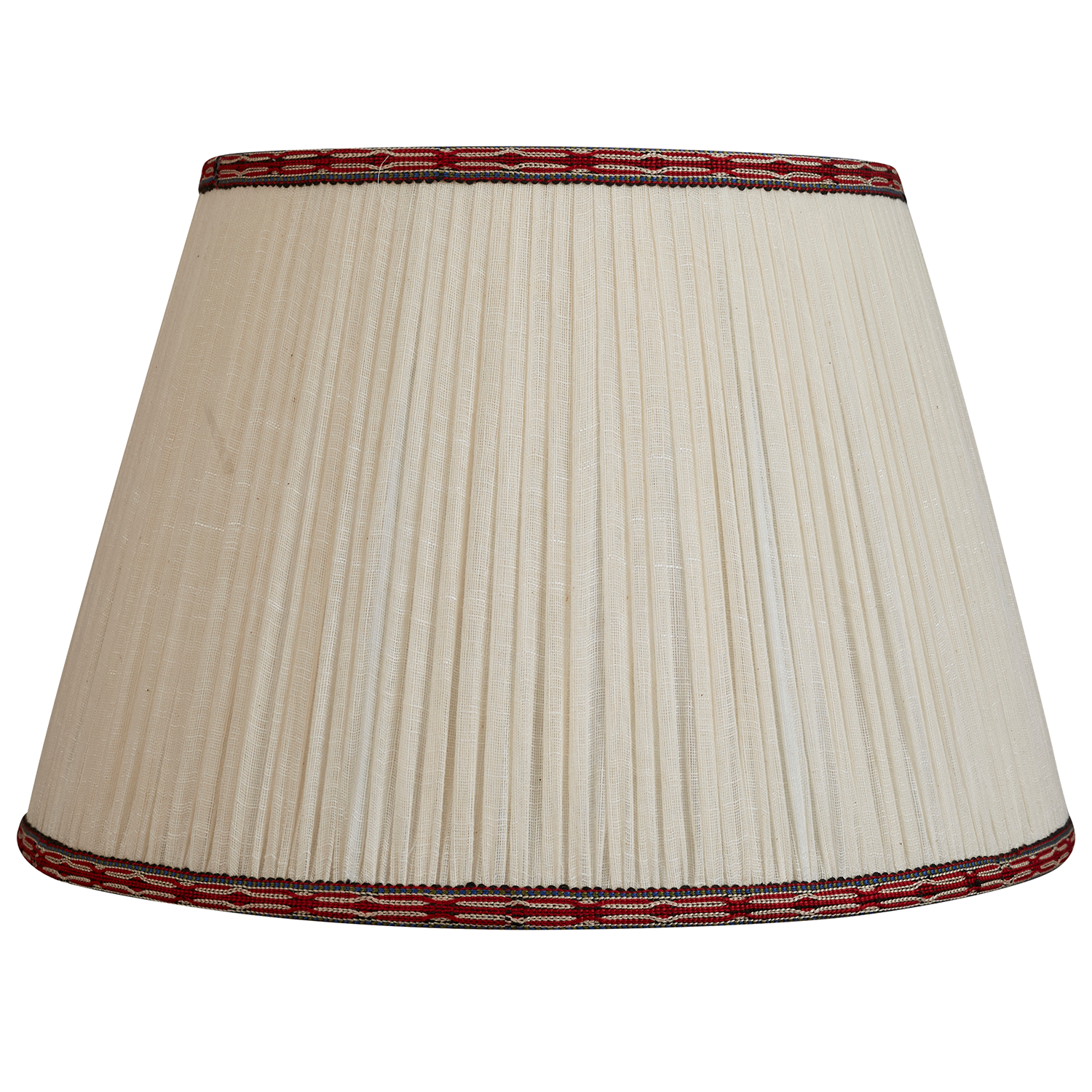 16 inch (41cm) Gathered cream cotton lampshade with red and green/blue embroidered trim