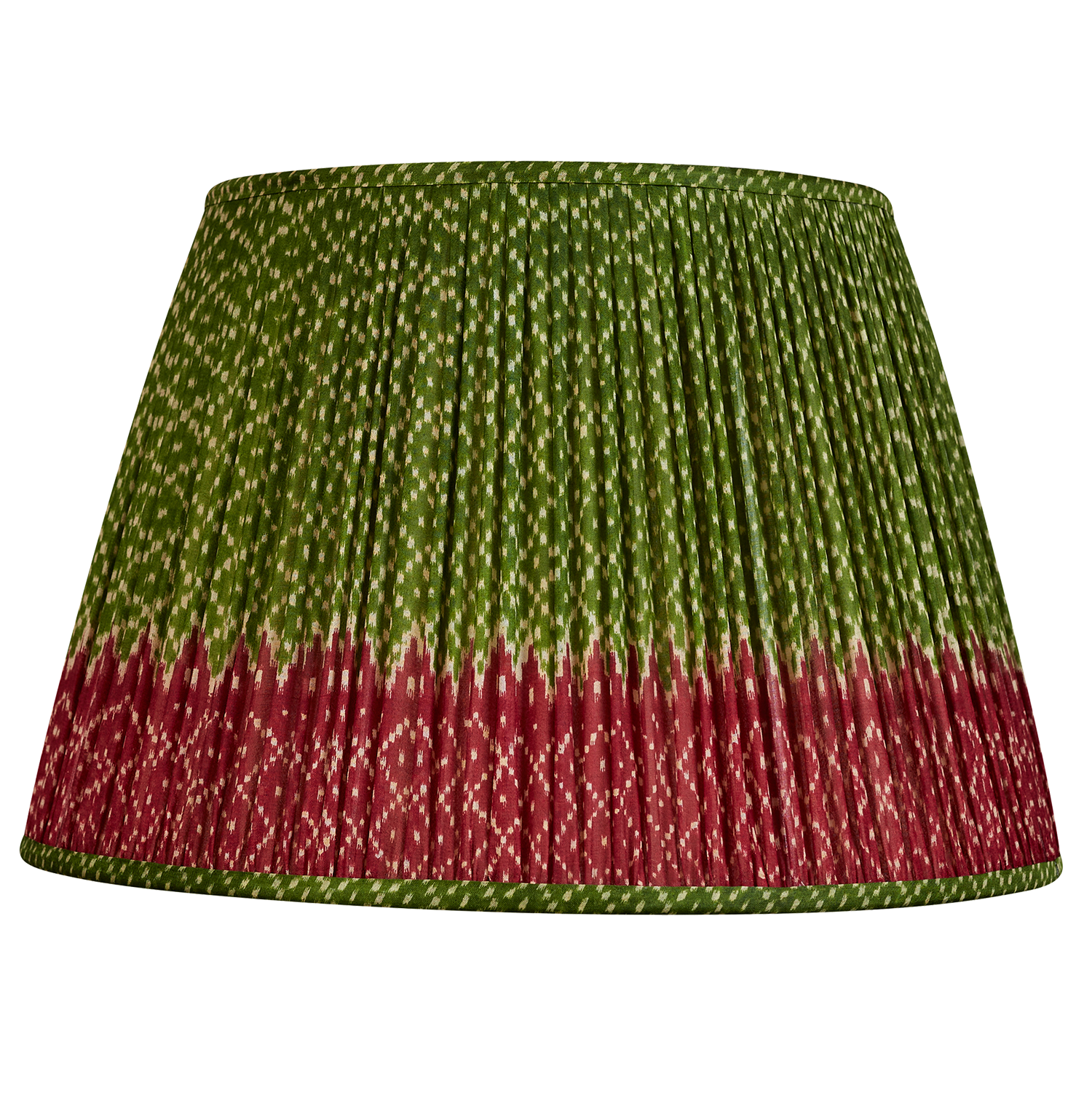 18 Inch Vibrant green geometric design silk sari lampshade with burgundy border