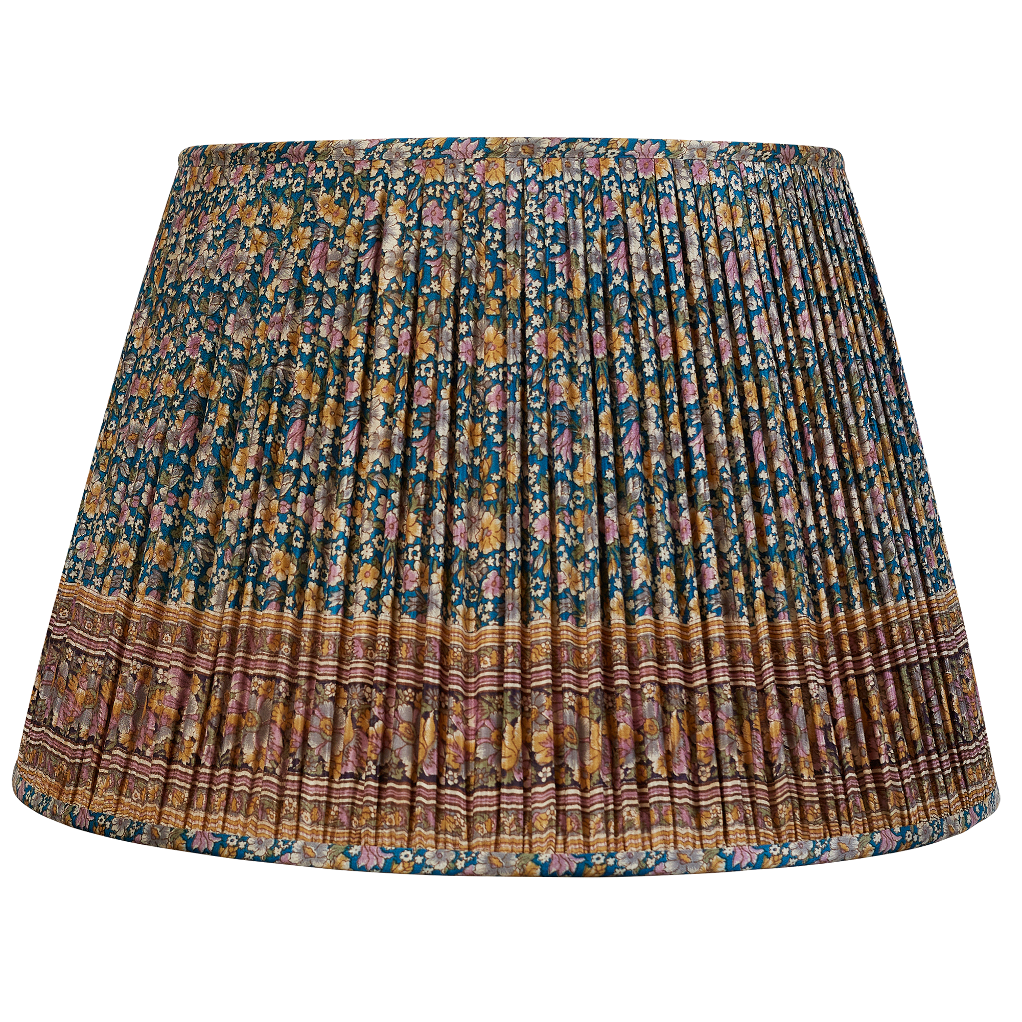 18 Inch Caramel and pink floral design on blue ground silk sari lampshade with border