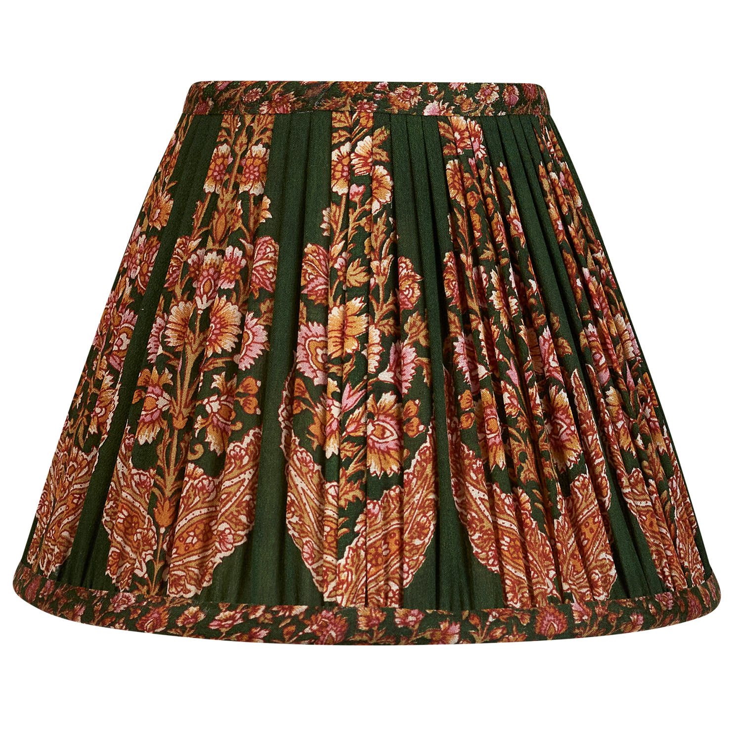 8 inch - 20 cm Large floral pink/cream design on dark green ground French drum silk sari lampshade