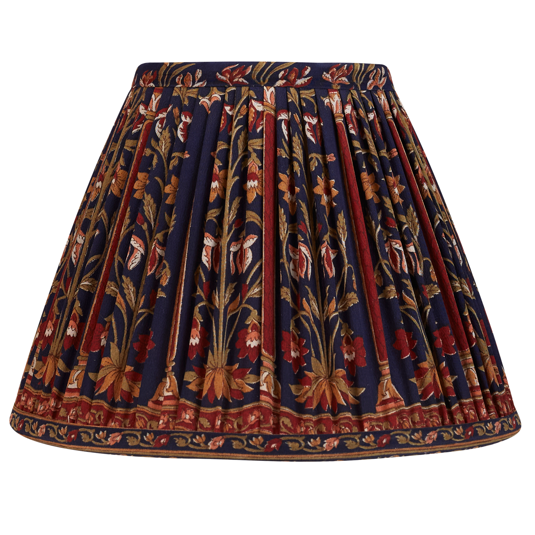 8 inch - 20 cm Brown and red floral design on dark blue ground French drum silk sari lampshade