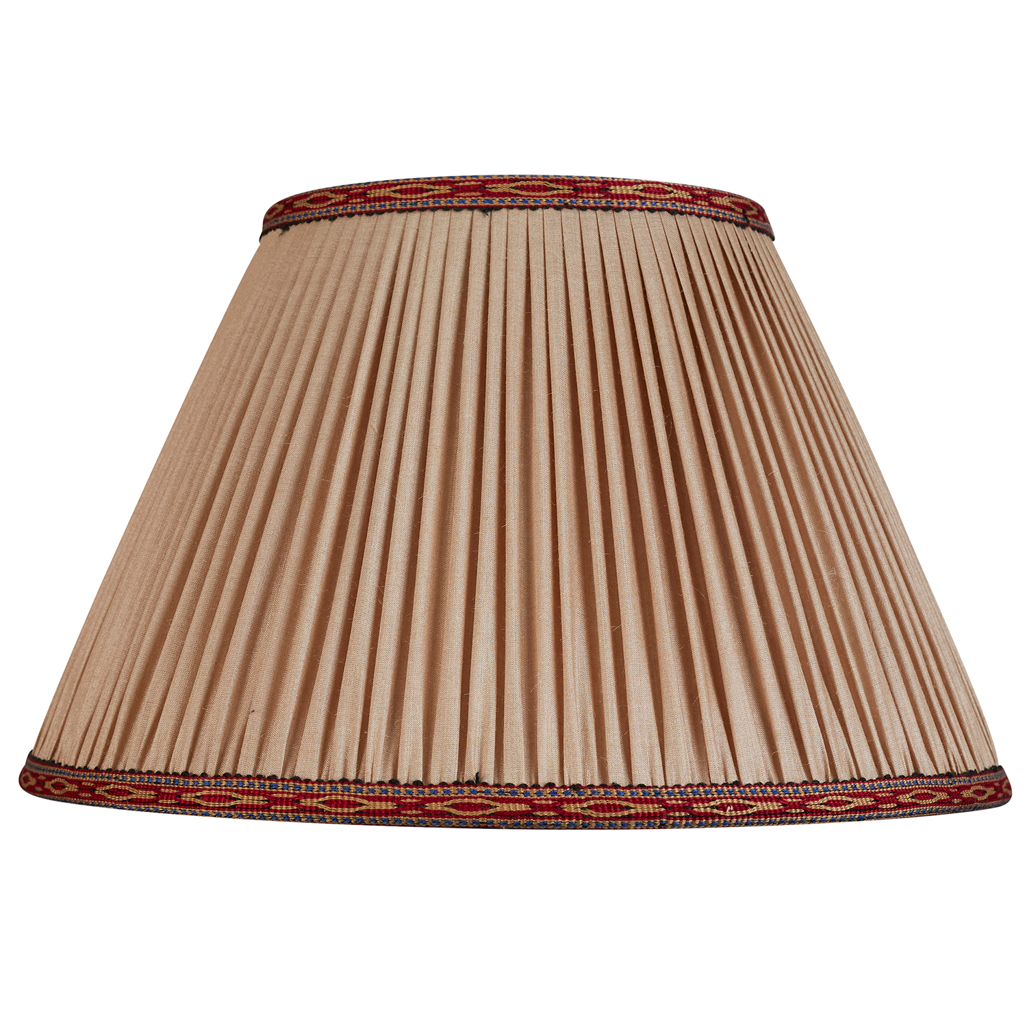 14 inch (36cm) Mink Tussar silk lampshade with embroidered red cotton trim to top and base