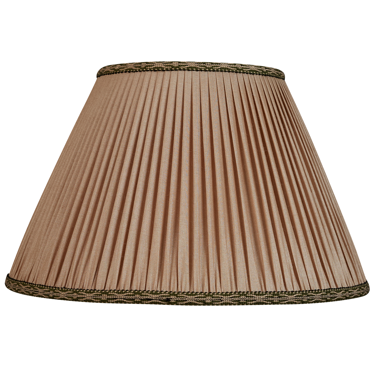 14 inch Mink Tussar silk sari style lampshade with green embroidered cotton trim to top and base