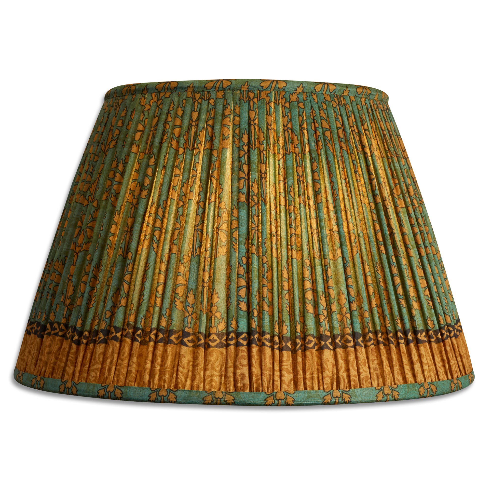 14 inch (36cm) Forest green and gold design silk sari lampshade