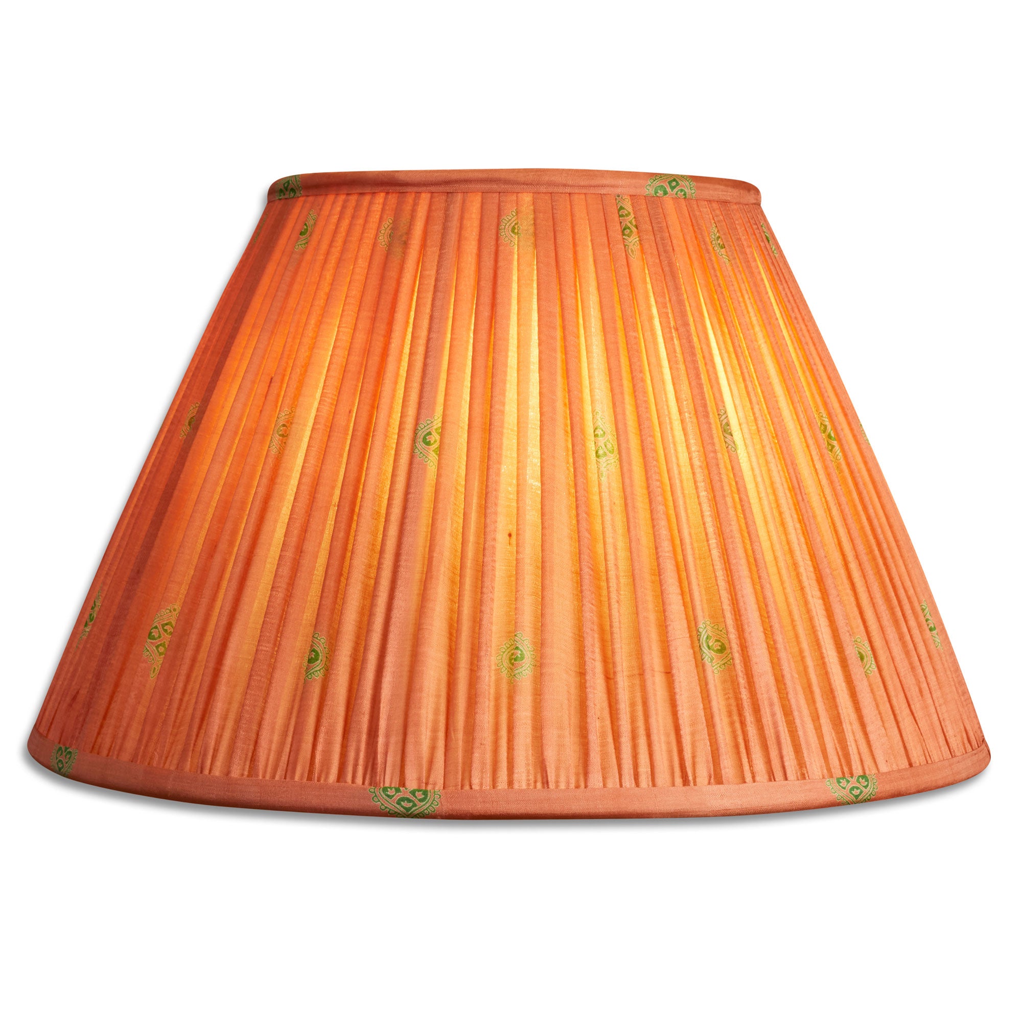 14 inch (36cm) Plain pink with small green motif French drum silk sari lampshade