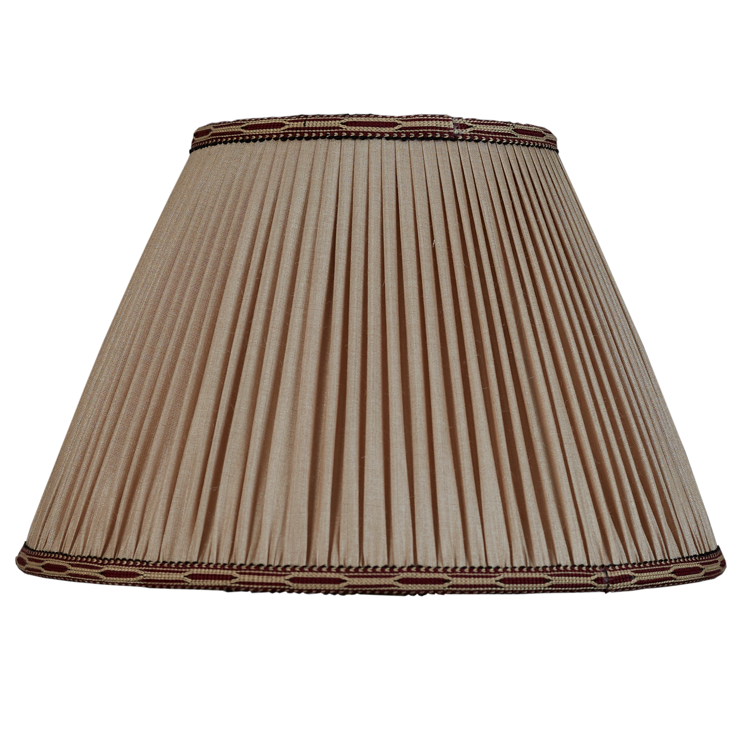 12 inch Mink Tussar silk lampshade with brown embroidered cotton braid