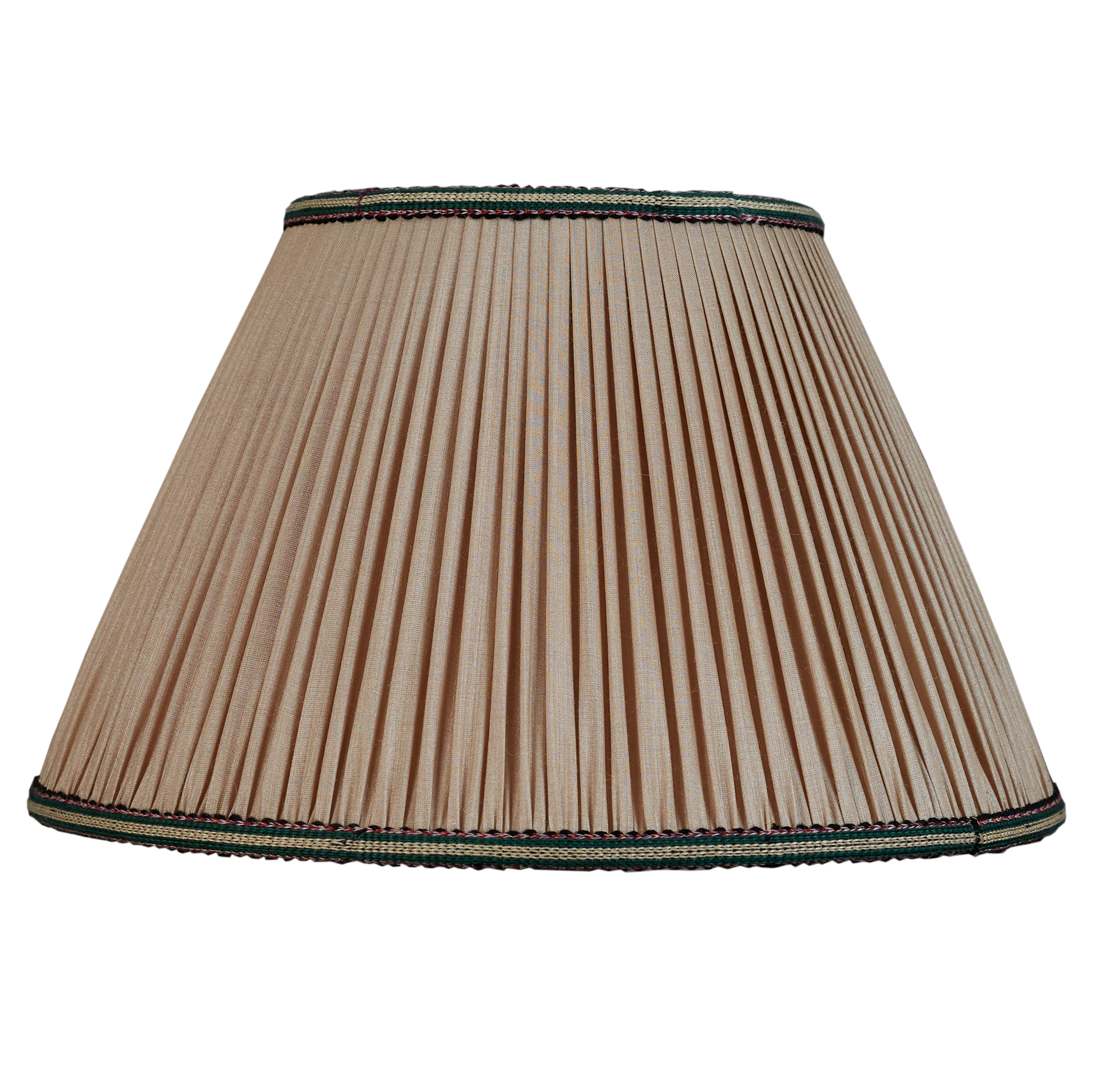 14 inch Mink Tussar silk lampshade with green/pink embroidered cotton braid