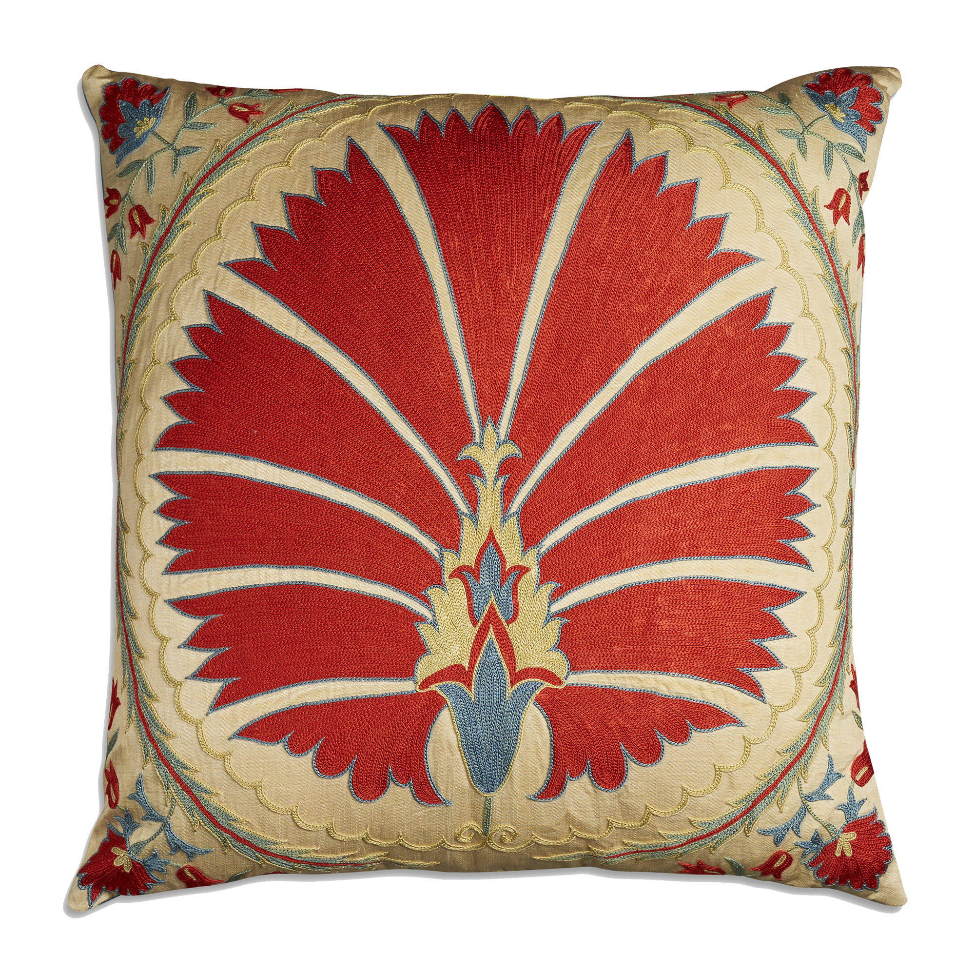 Square floral silk suzani embroidered cushion - pillow