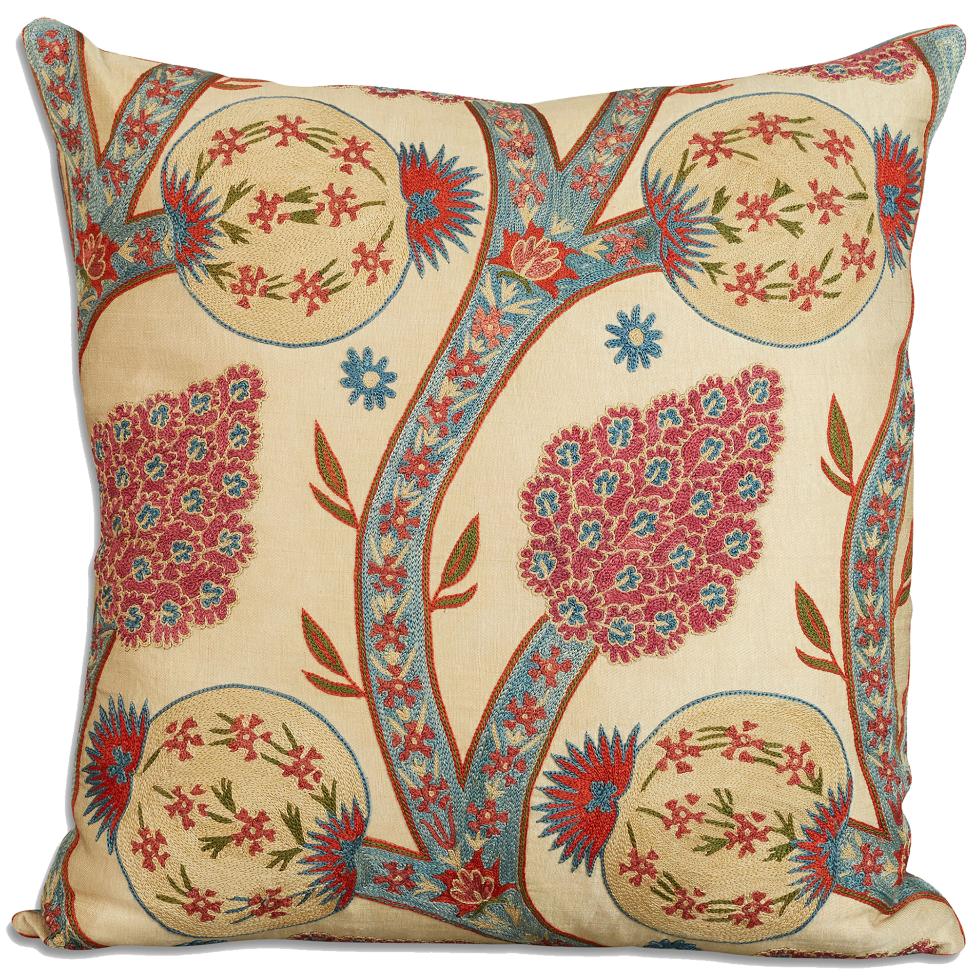 Square floral silk suzani embroidered cushion - pillow