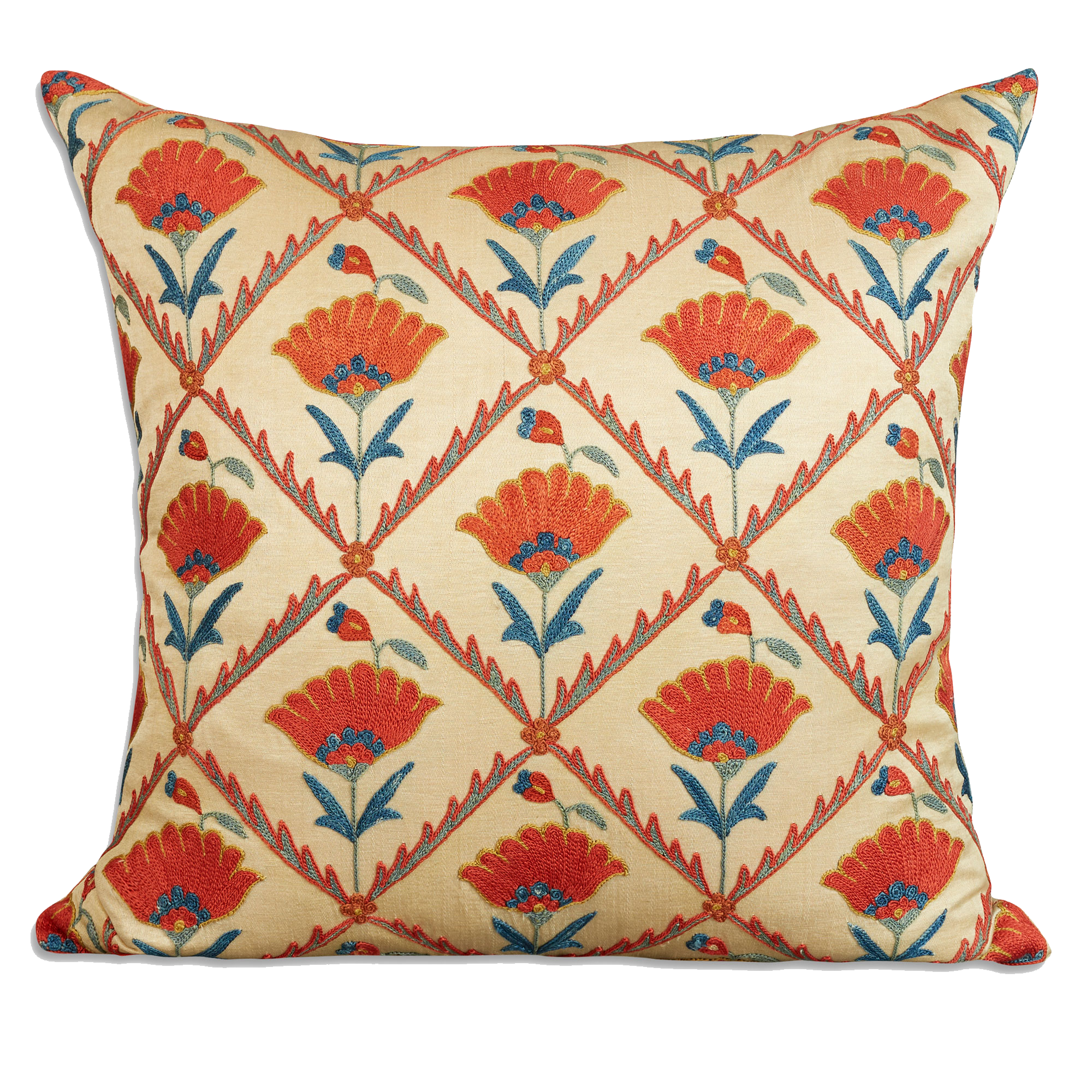 Square floral silk suzani embroidered cushion - pillow