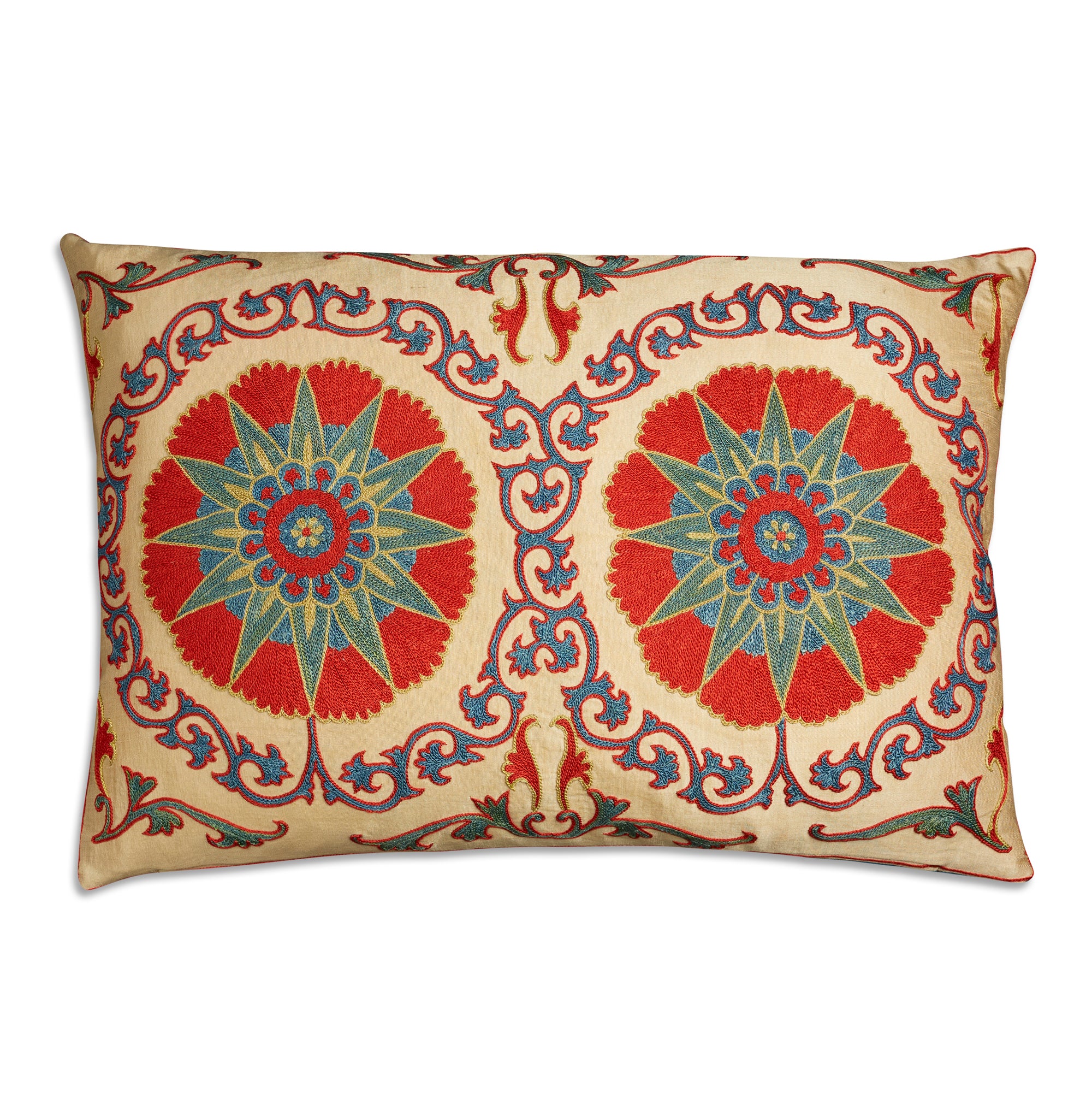 Rectangular floral silk suzani embroidered cushion