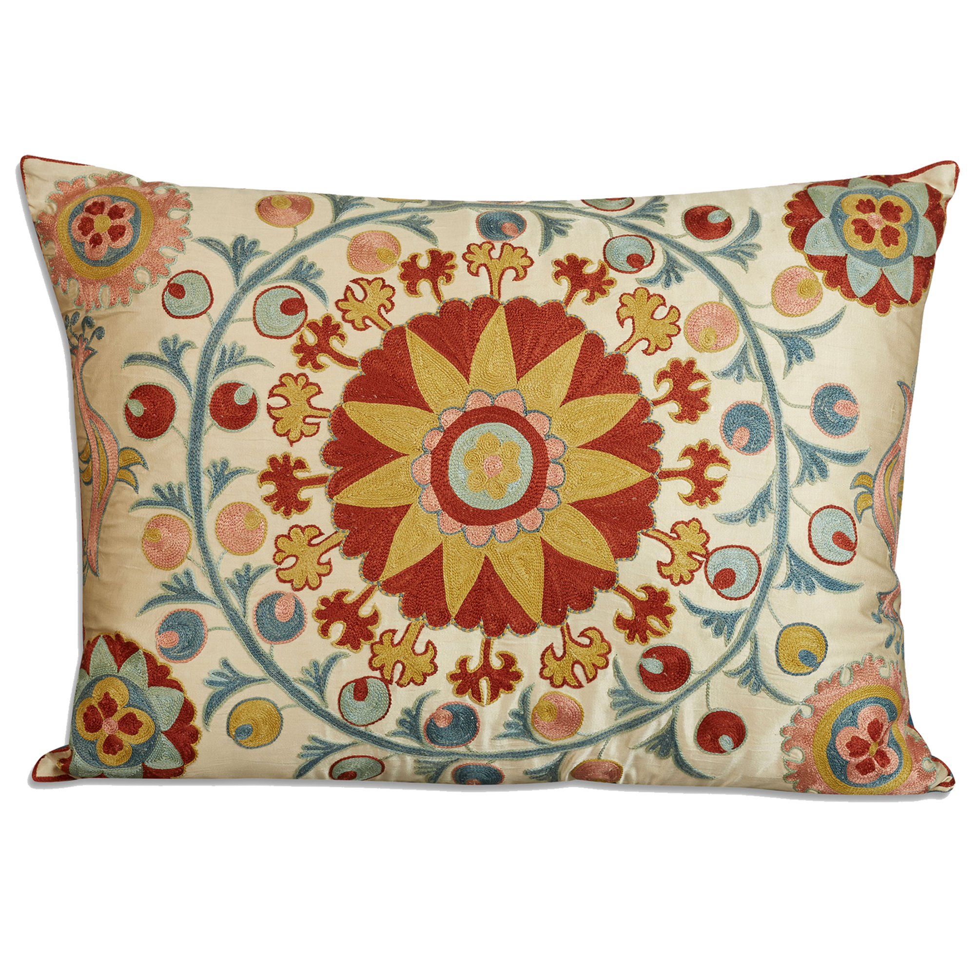 Rectangular floral silk suzani embroidered cushion - pillow