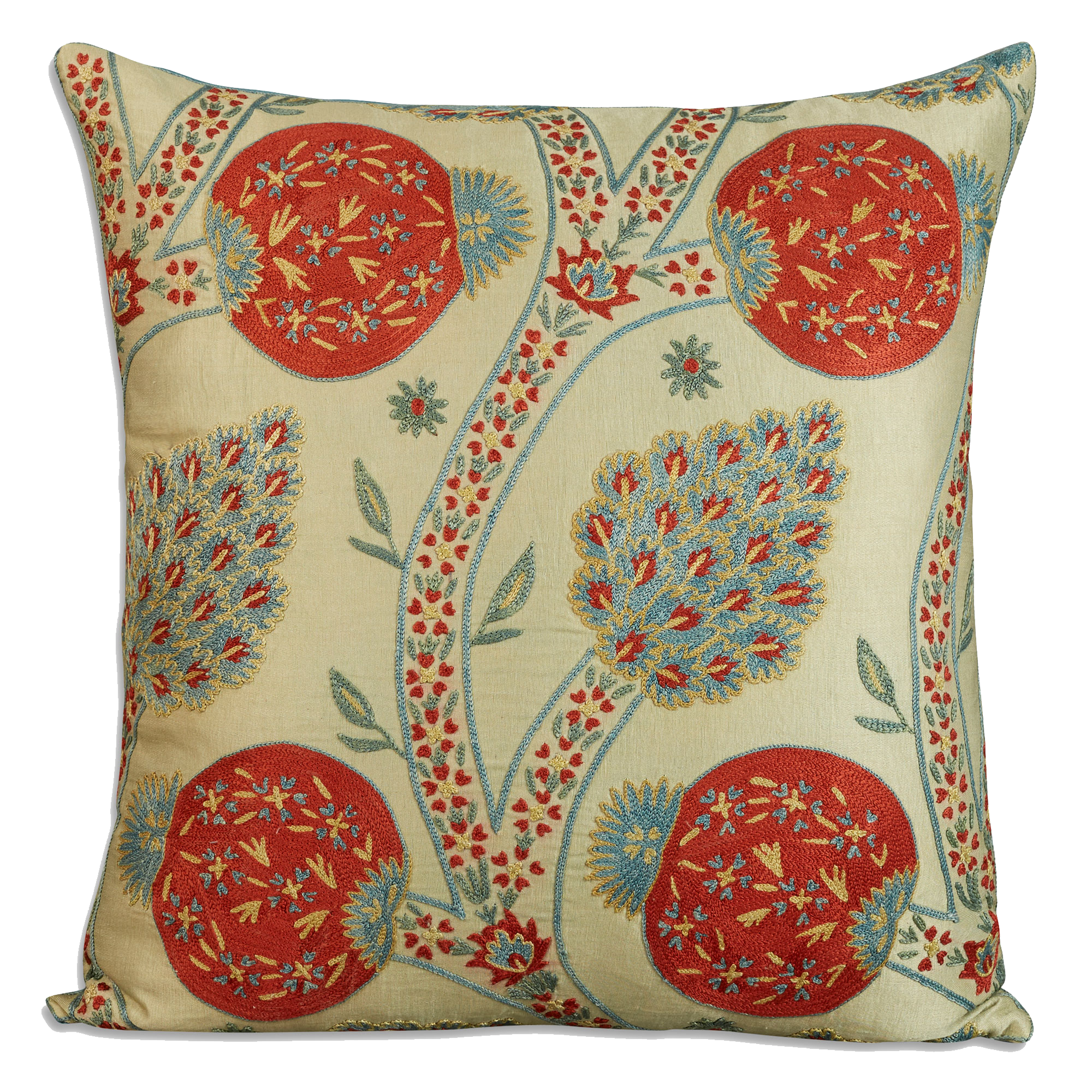 Square floral silk suzani embroidered cushion - pillow