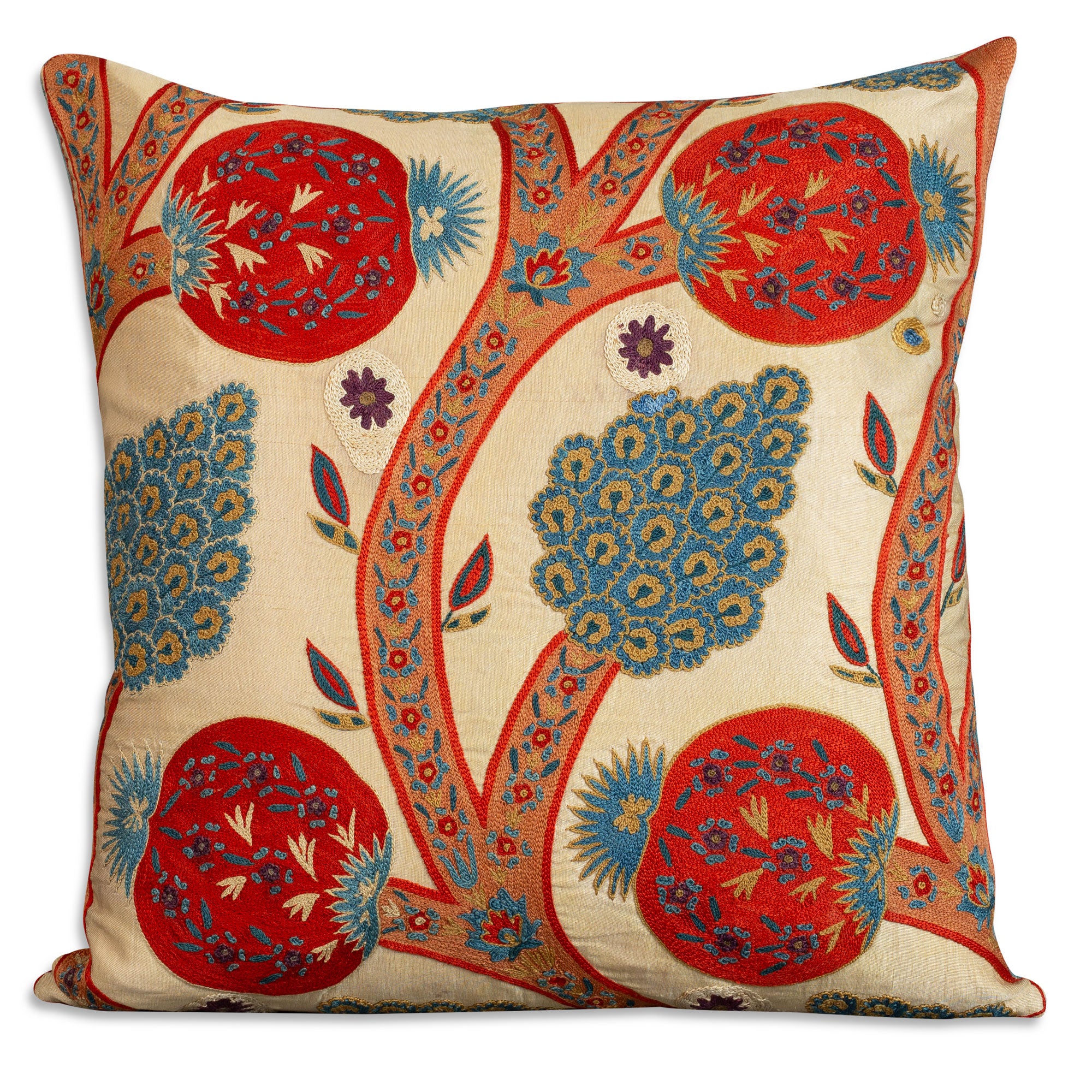 Square floral silk suzani embroidered cushion