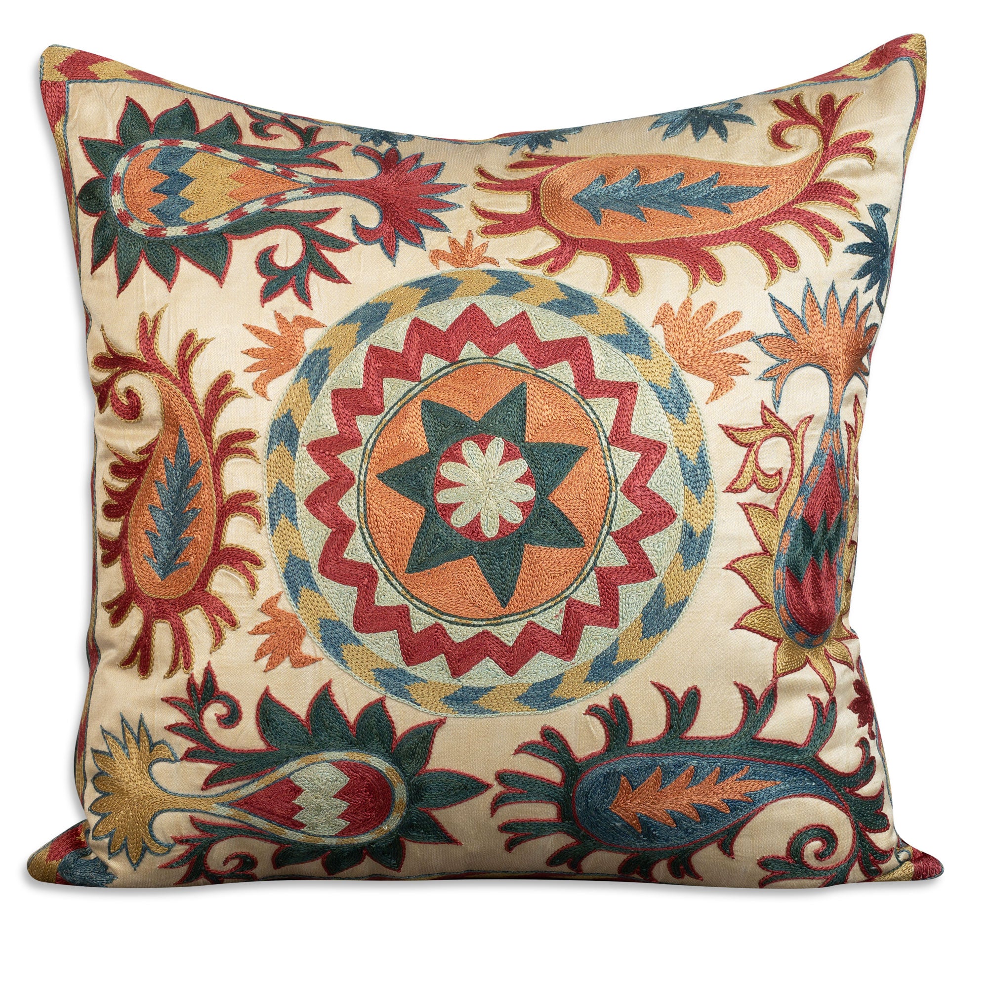 Square floral silk suzani embroidered cushion - pillow