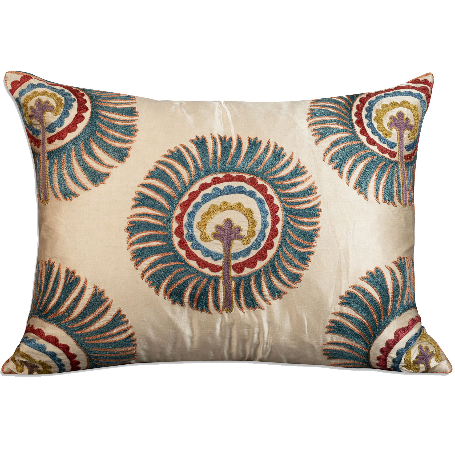 Rectangular palm design silk suzani embroidered cushion - pillow