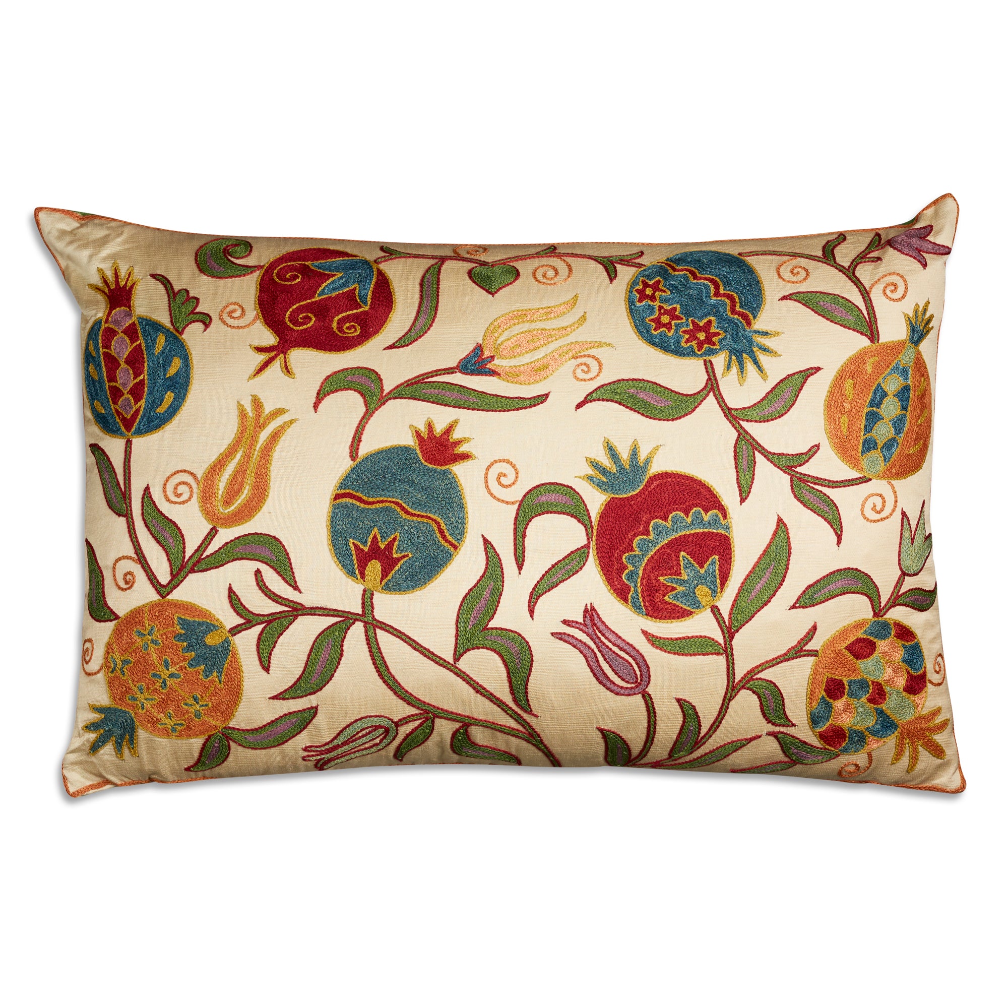 Rectangular floral silk suzani embroidered cushion