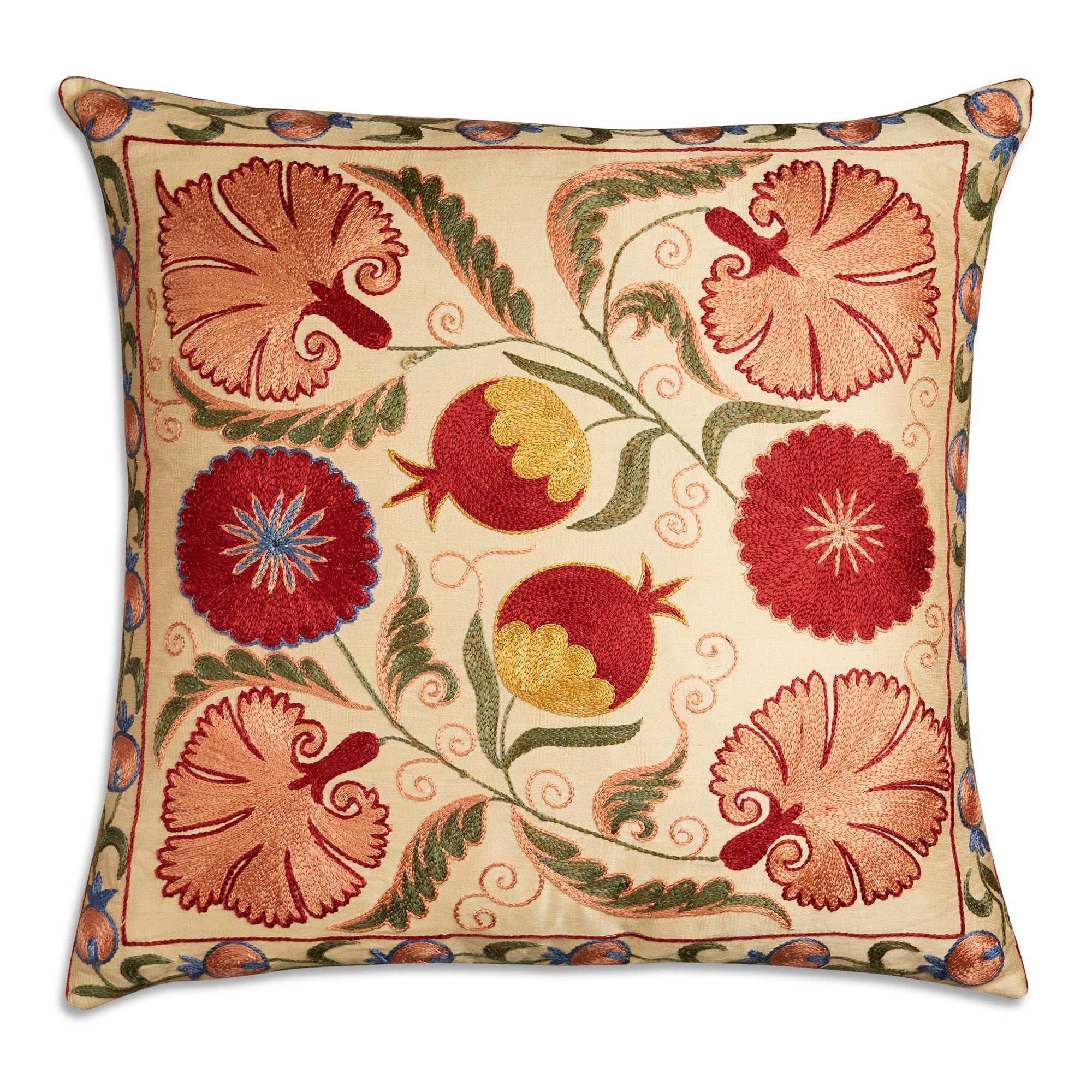 Square floral silk suzani embroidered cushion