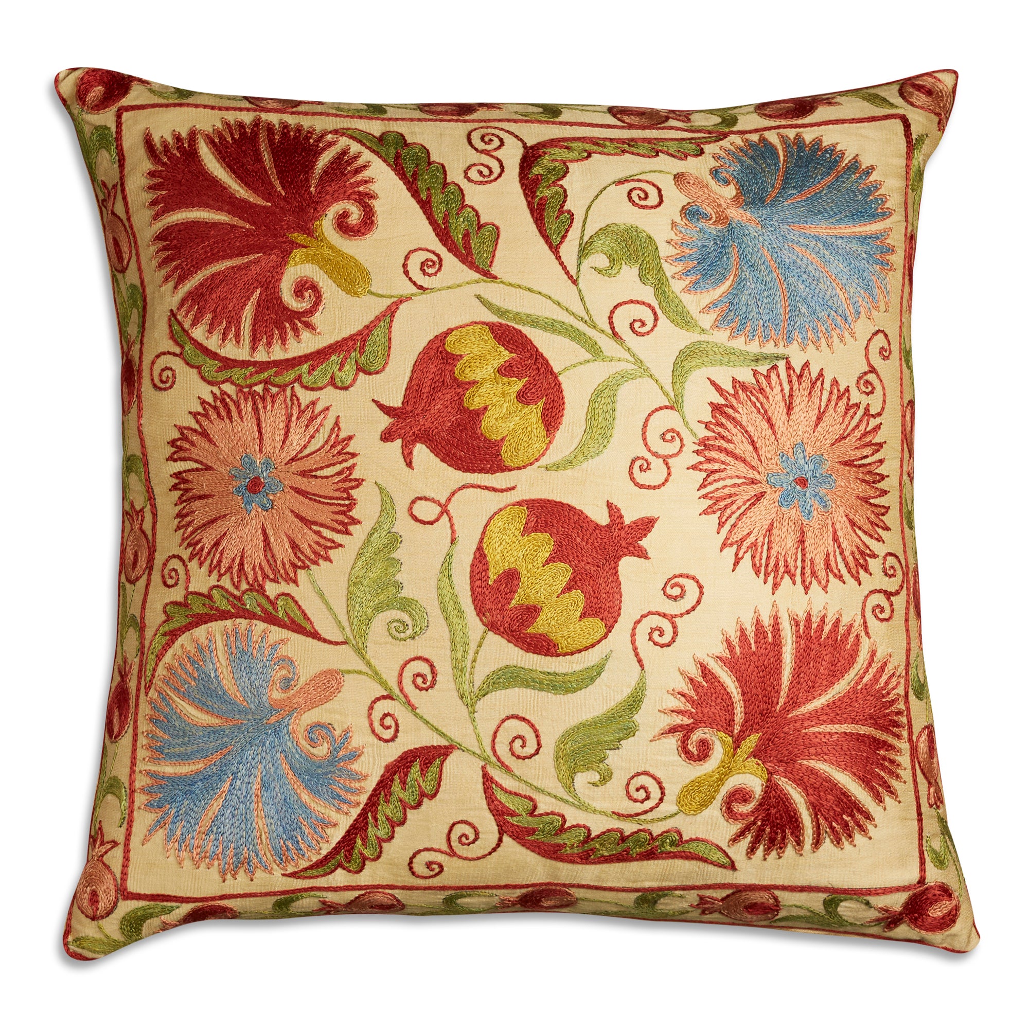 Square floral silk suzani embroidered cushion