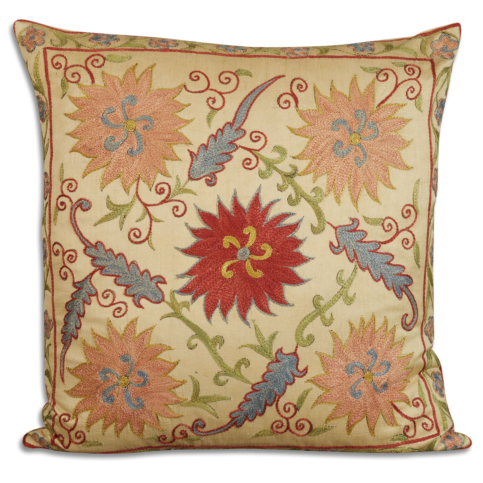 Square floral silk suzani embroidered cushion - pillow