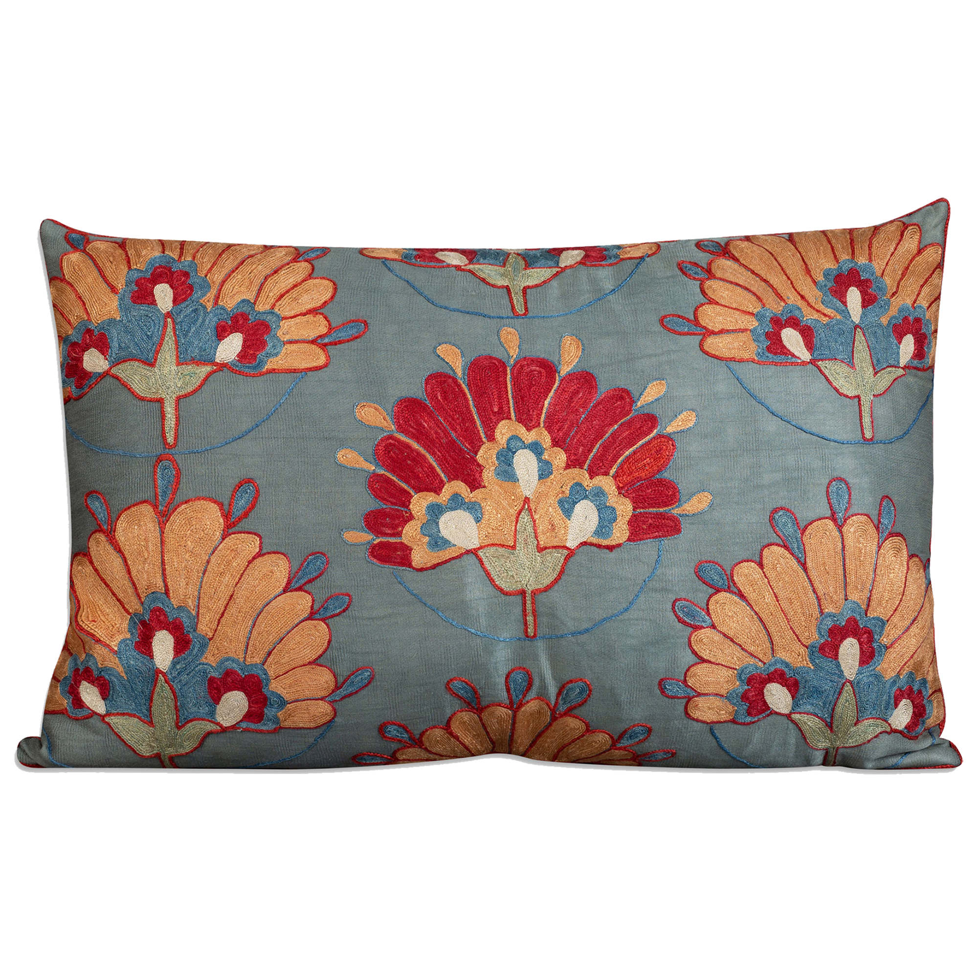 Rectangular floral silk suzani embroidered cushion - pillow