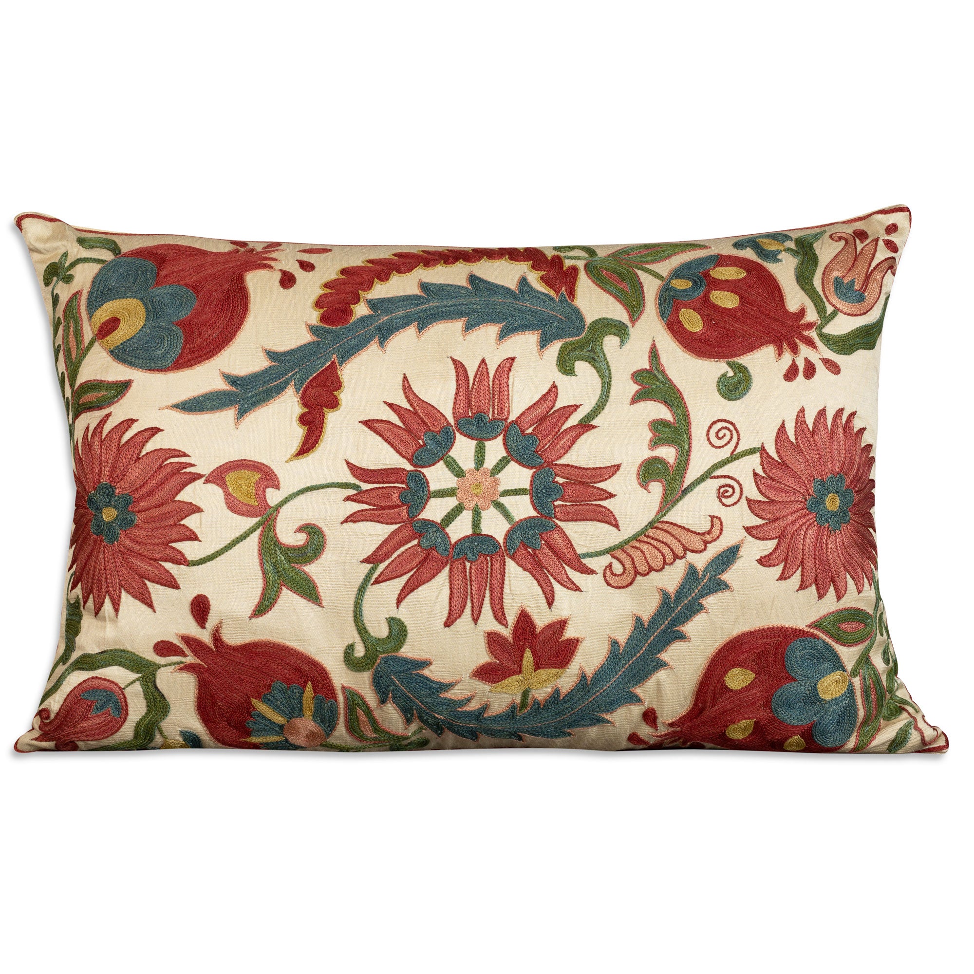 Rectangular floral silk suzani embroidered cushion