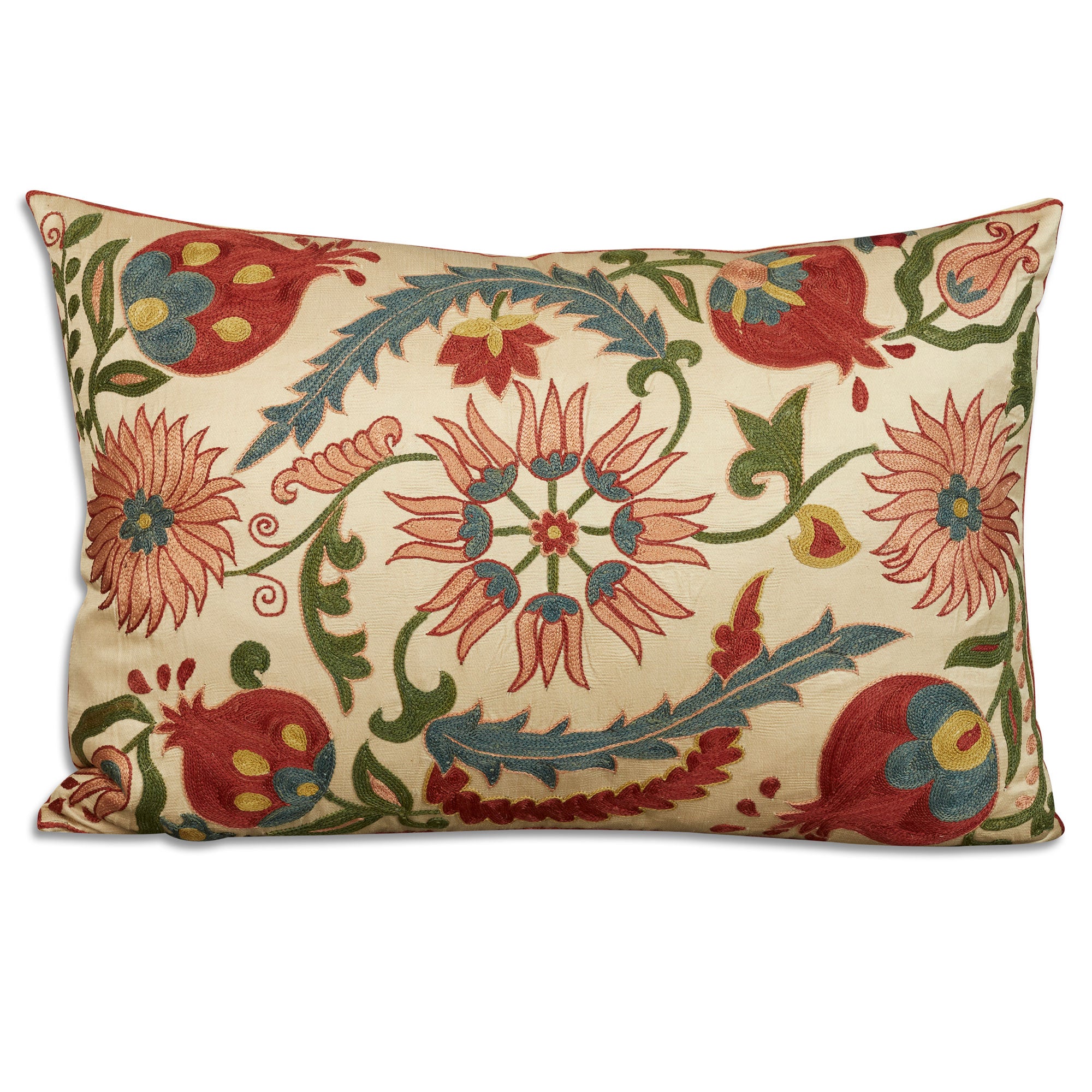 Rectangular floral silk suzani embroidered cushion - pillow