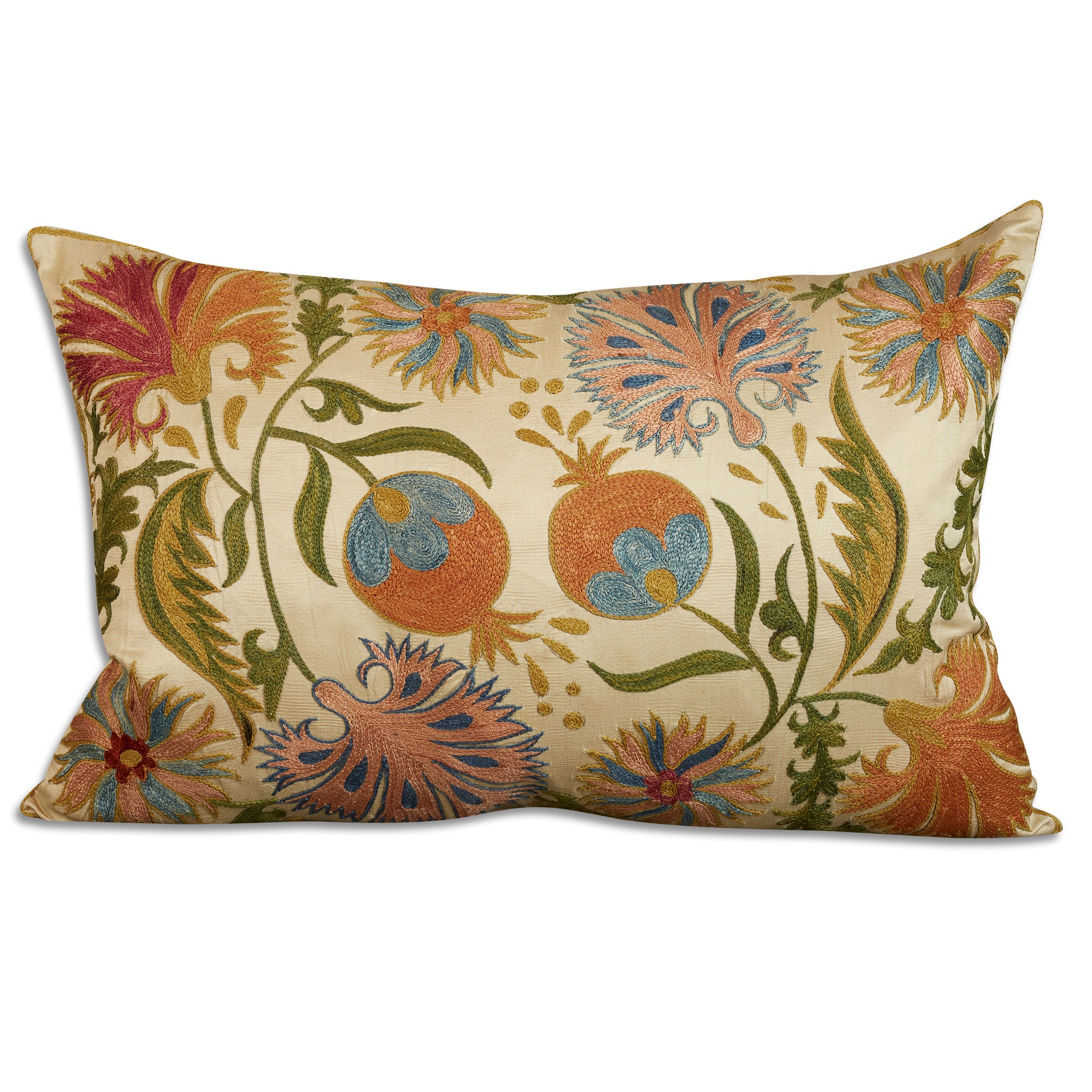 Rectangular floral silk suzani embroidered cushion