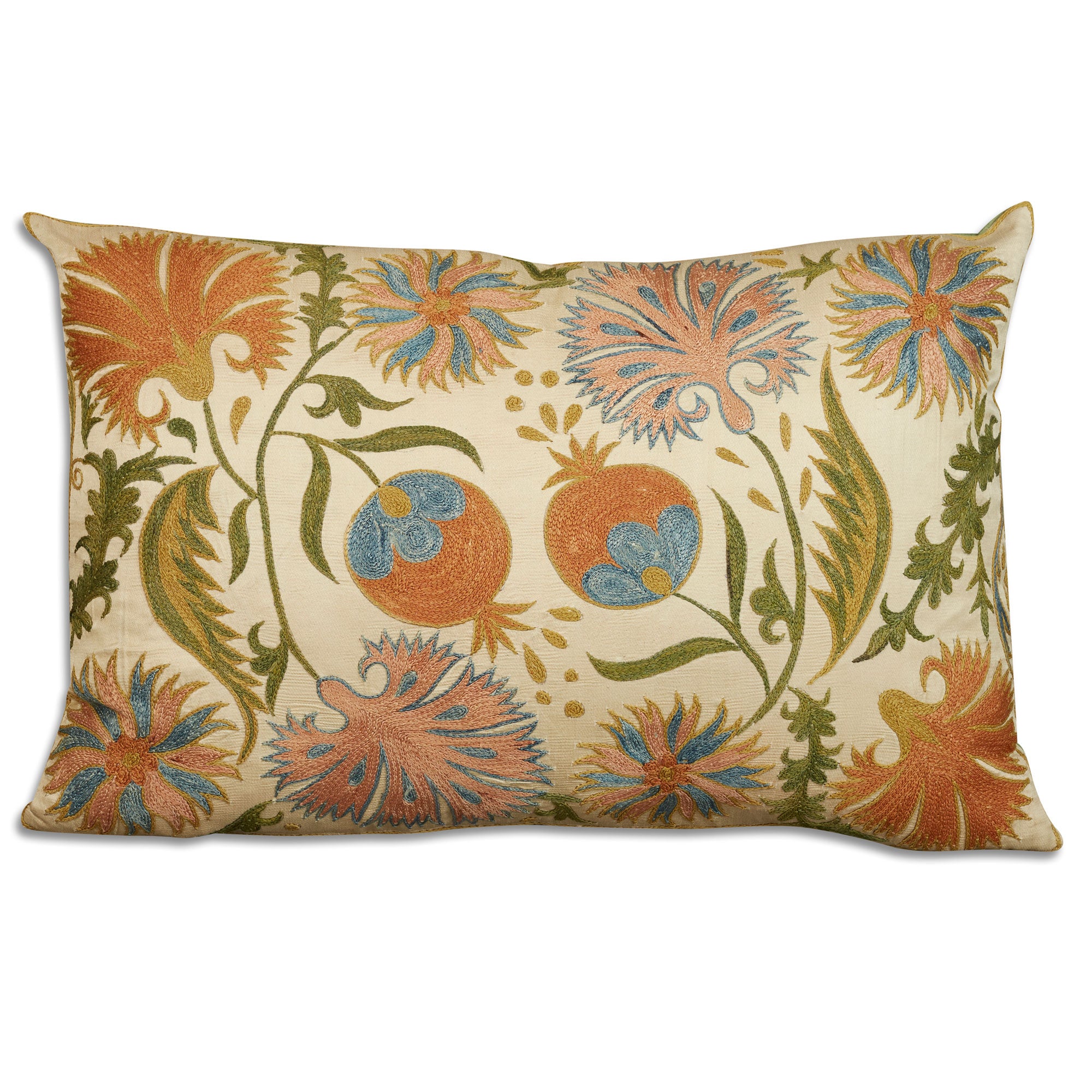 Rectangular floral silk suzani embroidered cushion