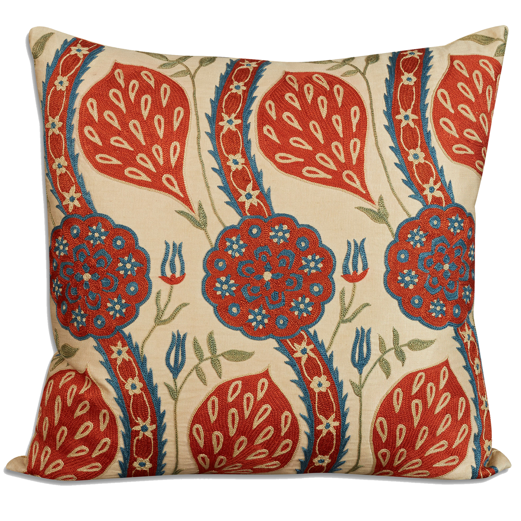 Red floral and seed pod embroidered, square silk suzani cushion - pillow