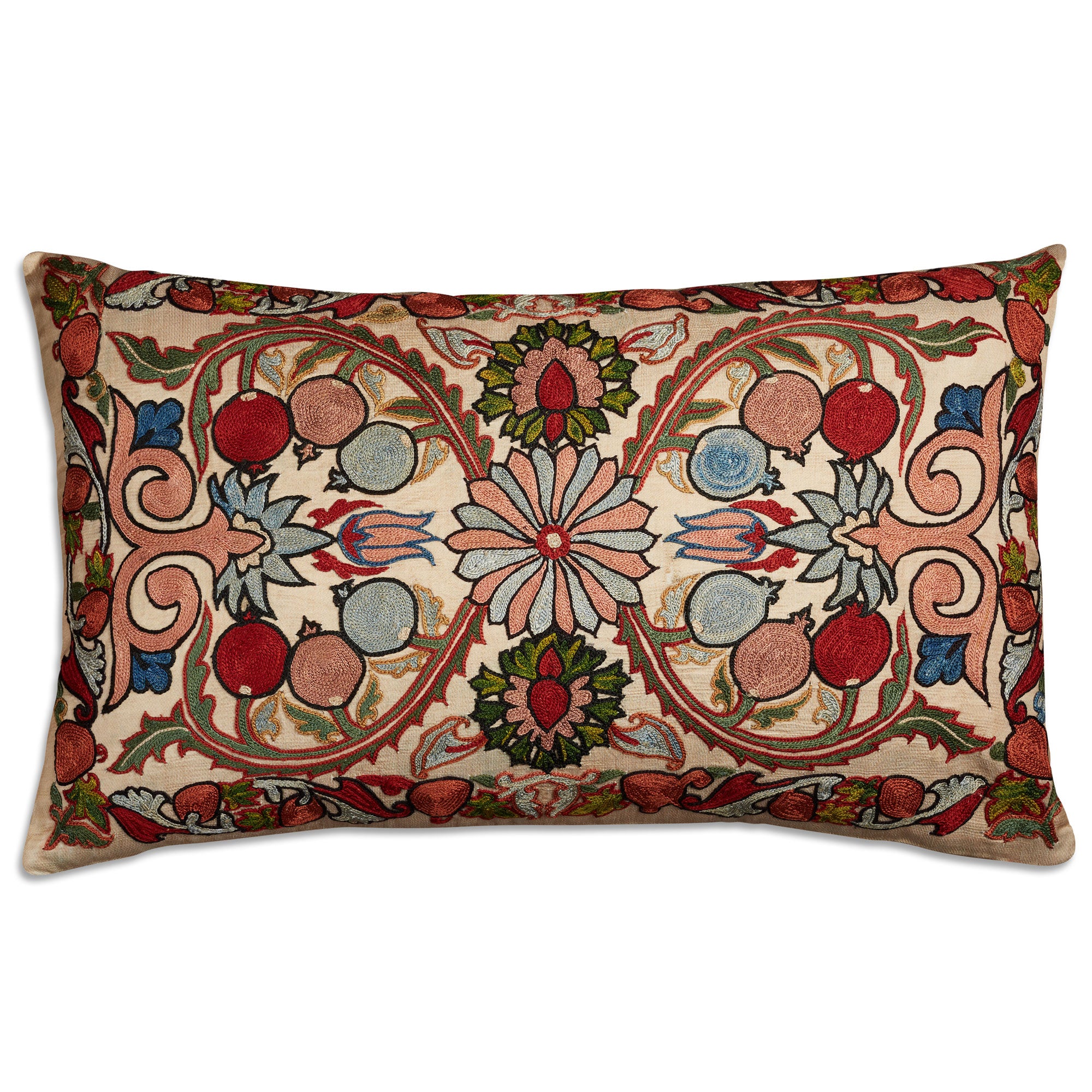 Rectangular floral design silk Suzani embroidered cushion - throw pillow