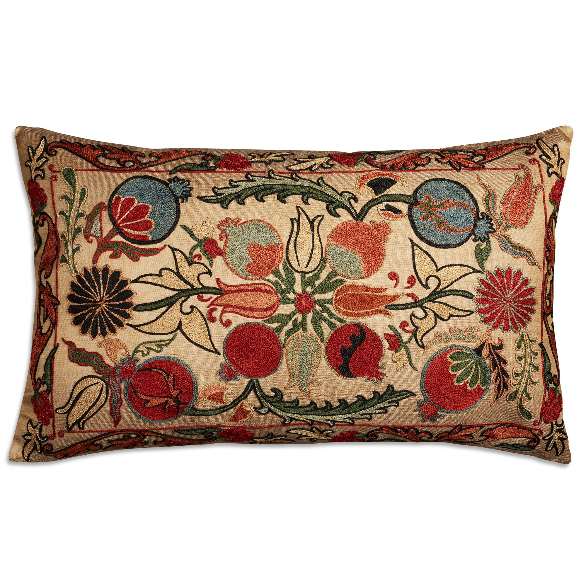 Rectangular floral design silk Suzani embroidered cushion