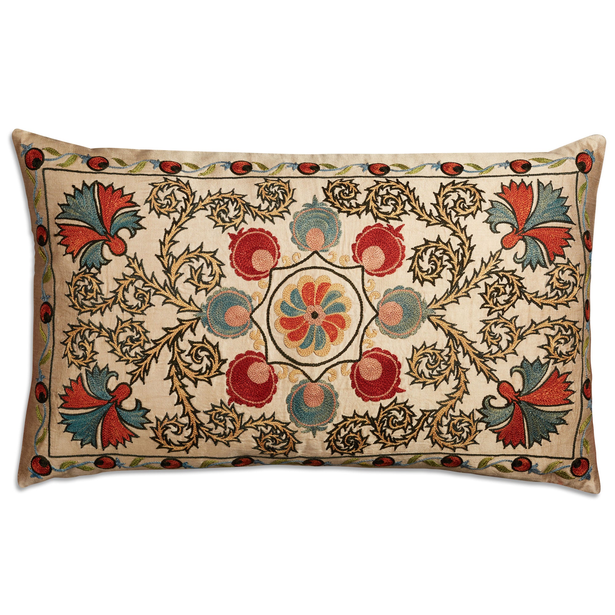 Rectangular floral design silk Suzani embroidered cushion