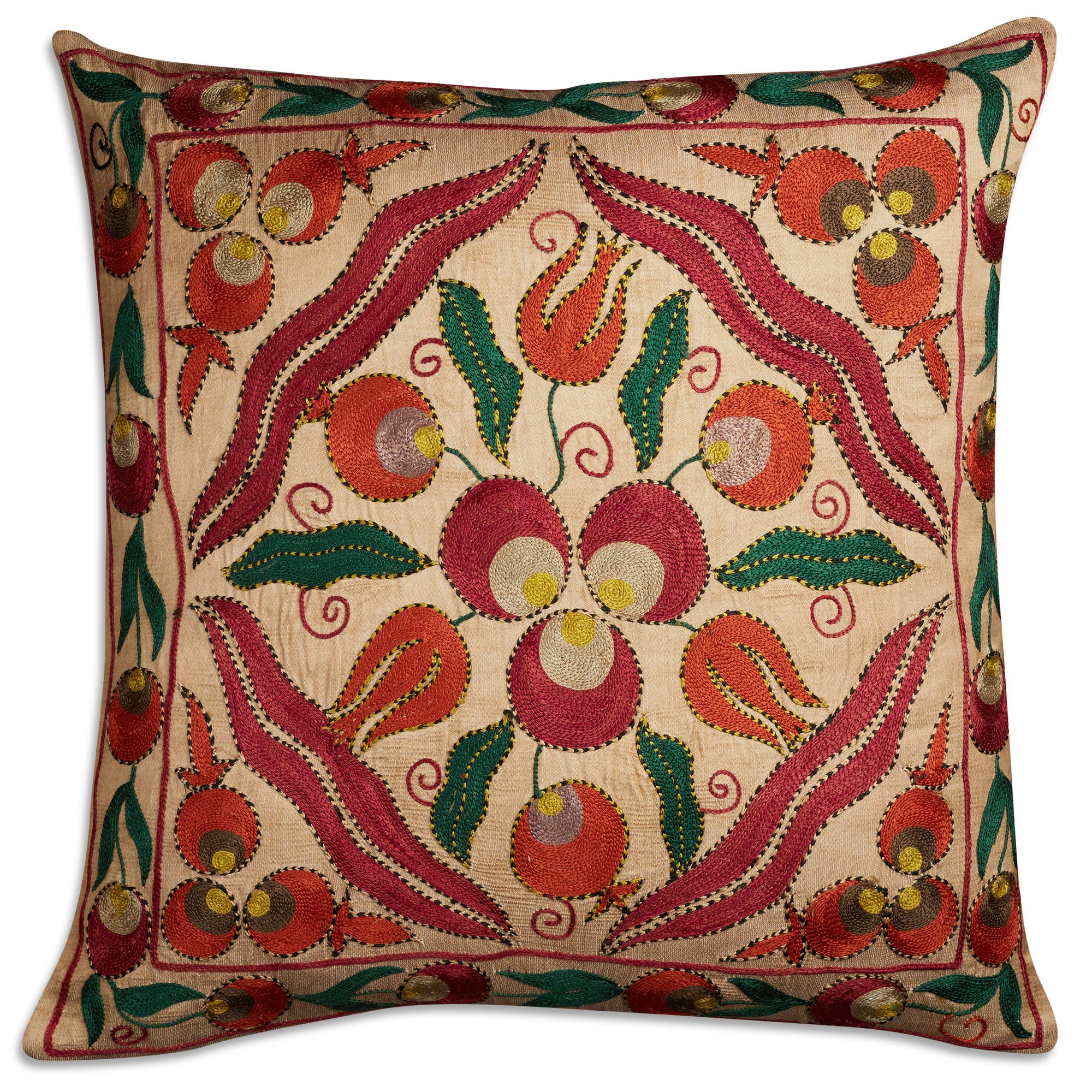 Square floral design silk Suzani embroidered cushion