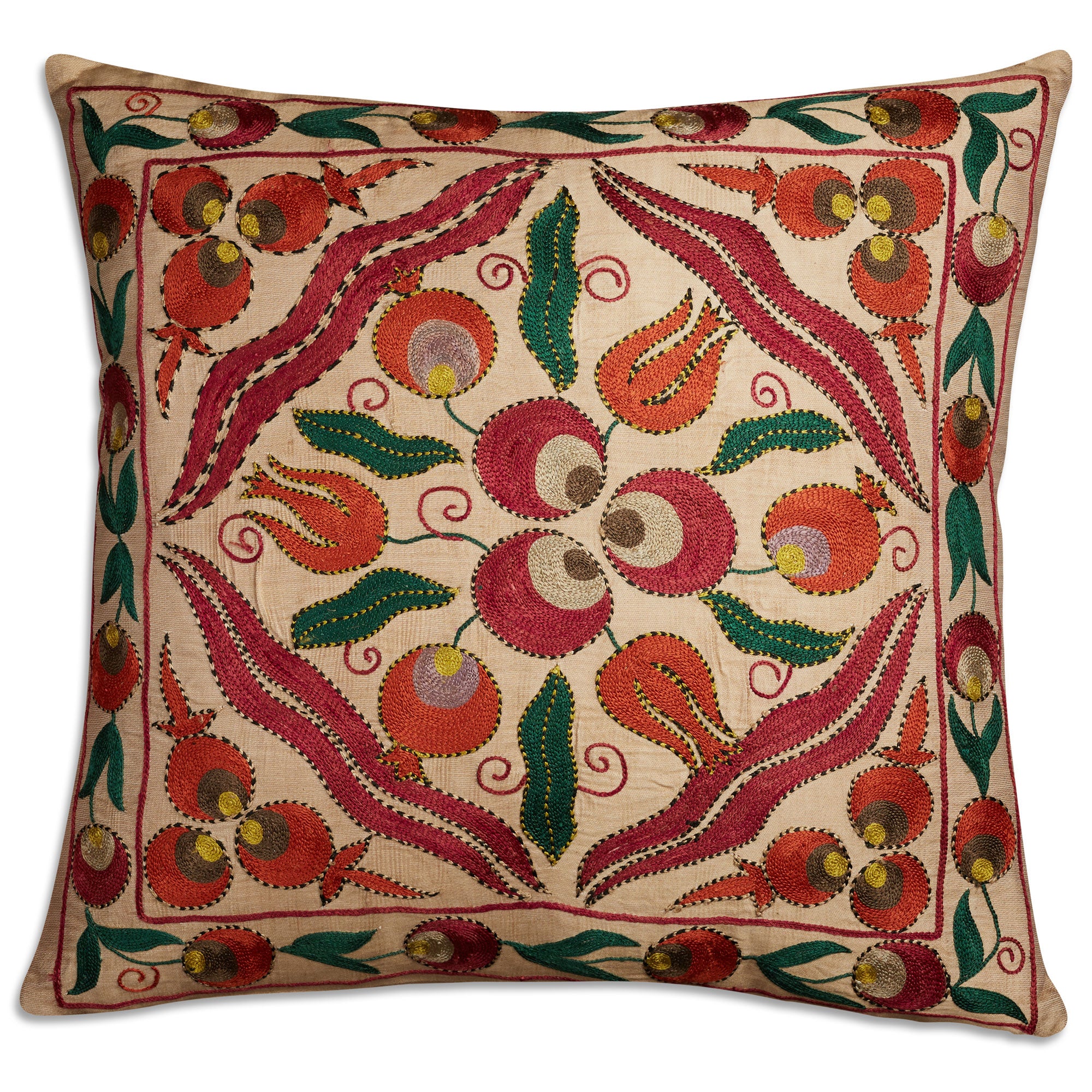 Square floral design silk Suzani embroidered cushion