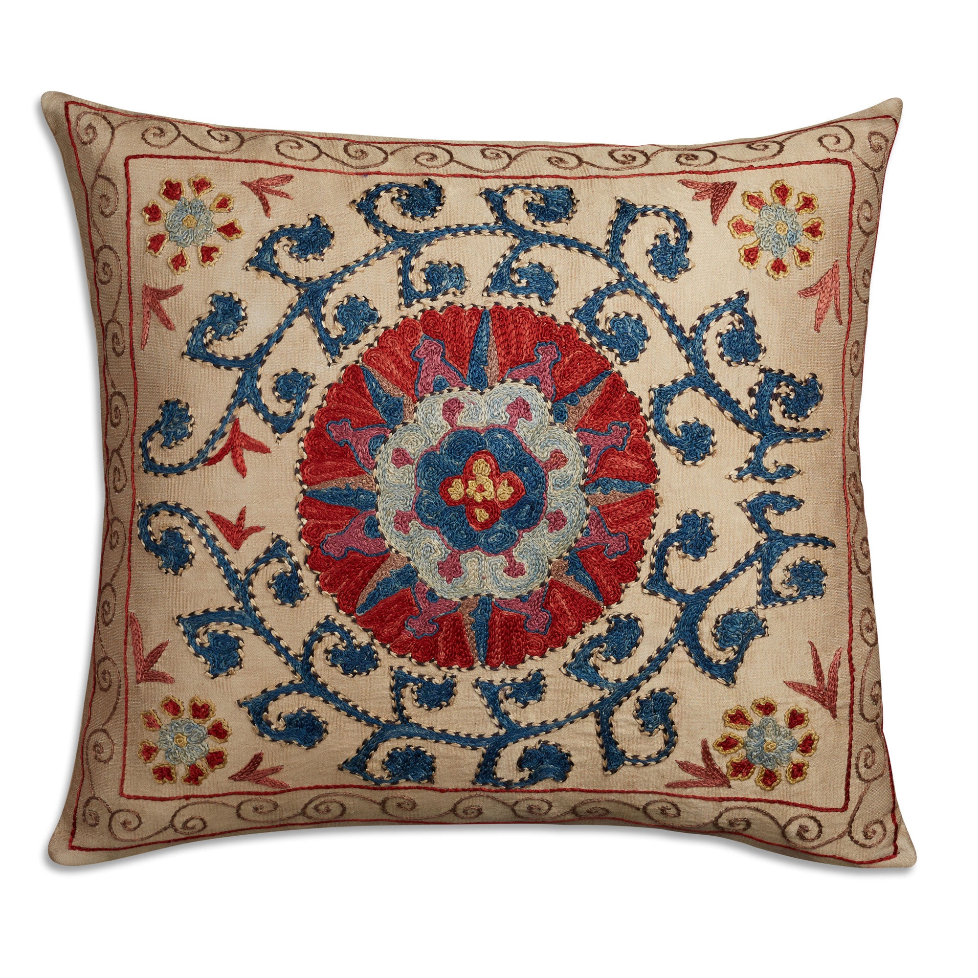 Small square floral design silk Suzani embroidered cushion