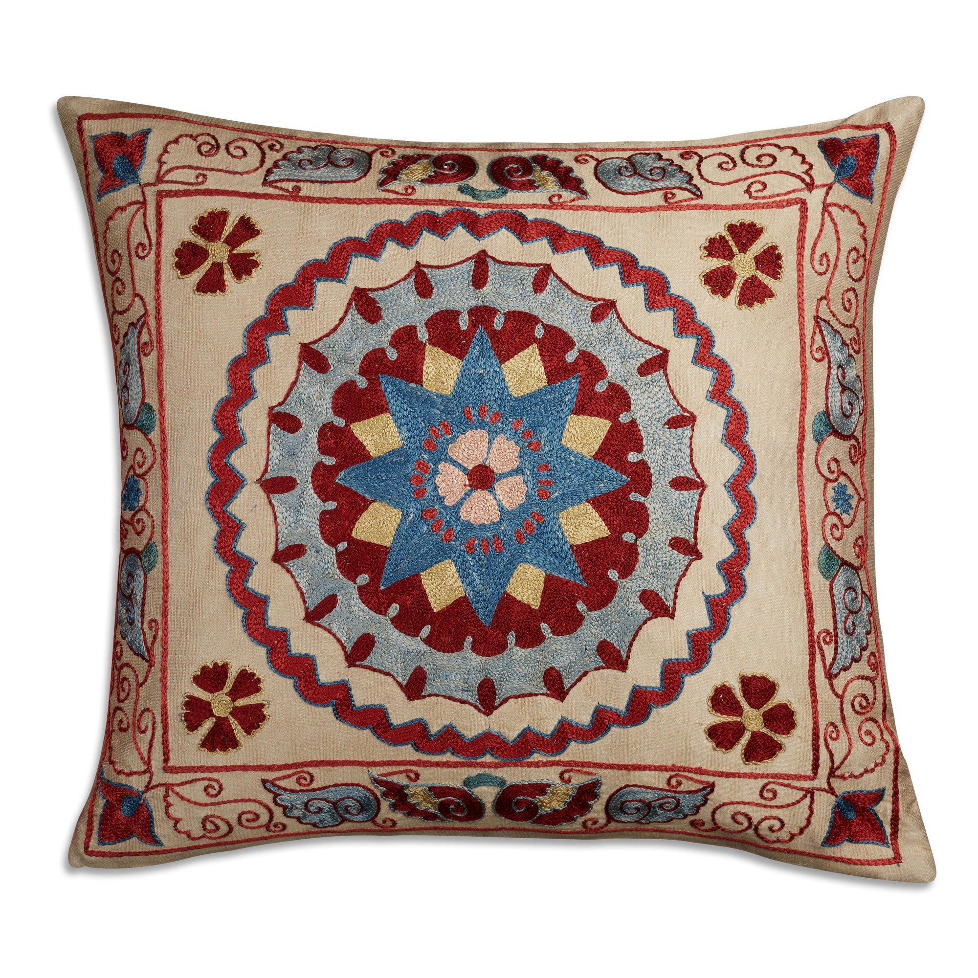 Small square floral design silk Suzani embroidered cushion